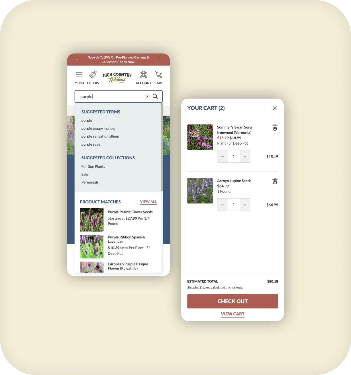 High Country Gardens mobile search autocomplete and cart drawer showing perennial plants and seeds.