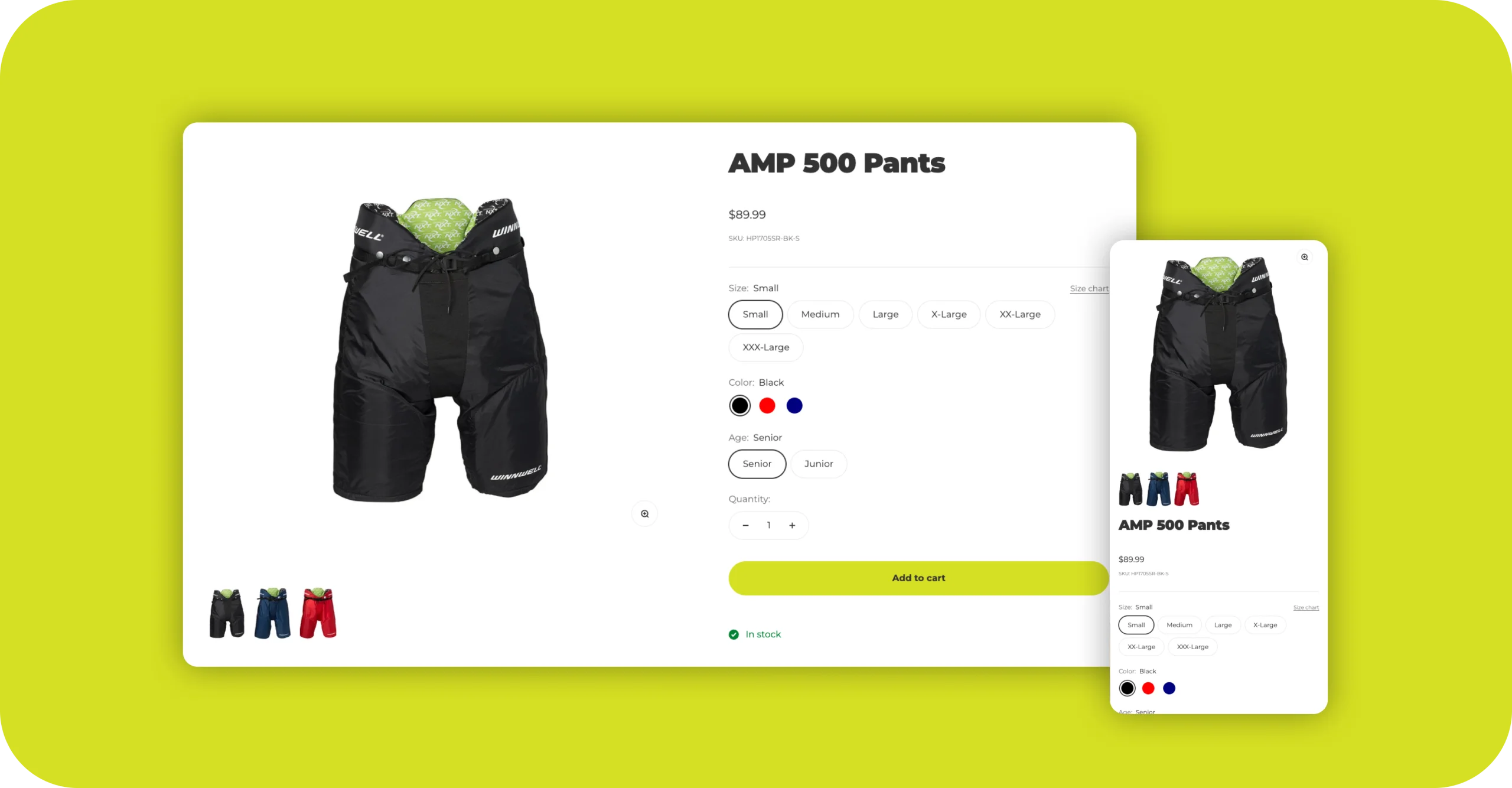 Winnwell product page for AMP 500 hockey pants with size and color options on desktop and mobile.