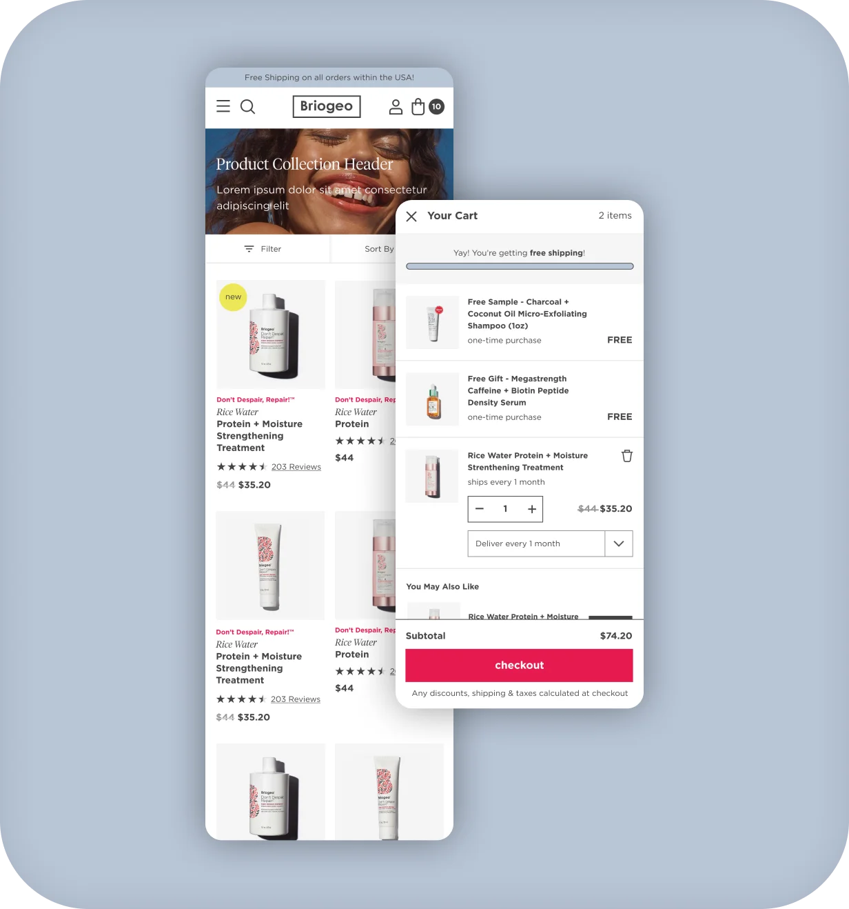Briogeo mobile collection page and slide-out cart with free samples and subscription options.