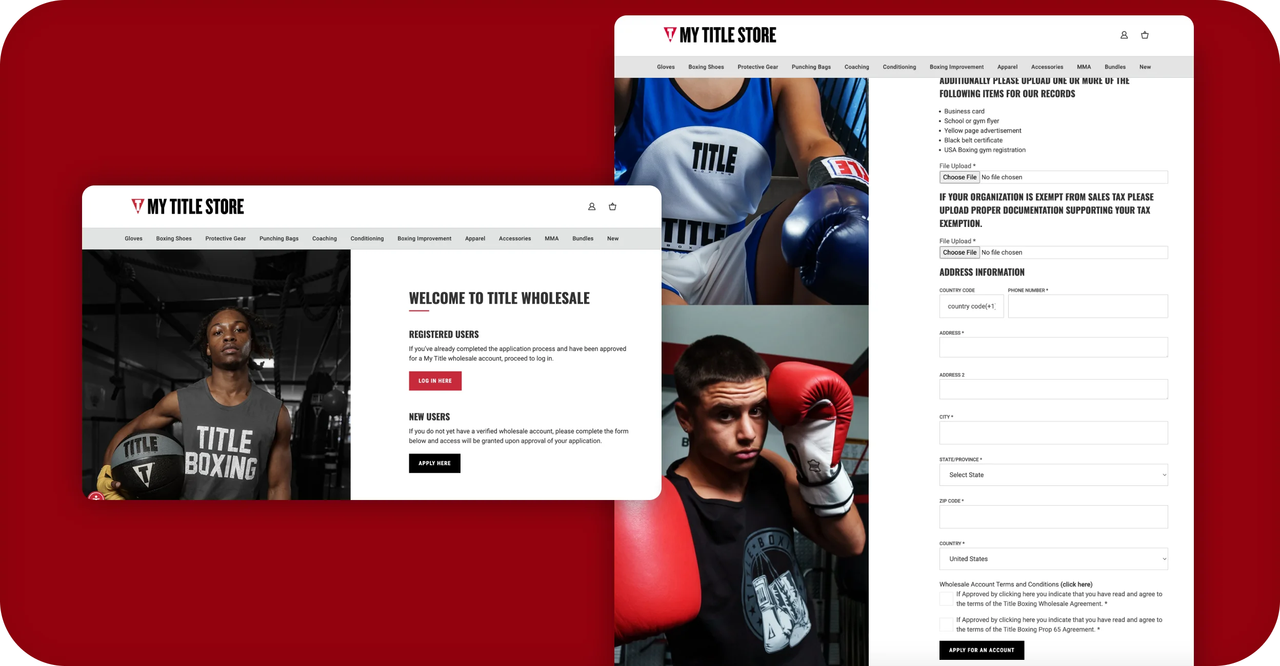 TITLE Boxing wholesale account login and application form pages on desktop.