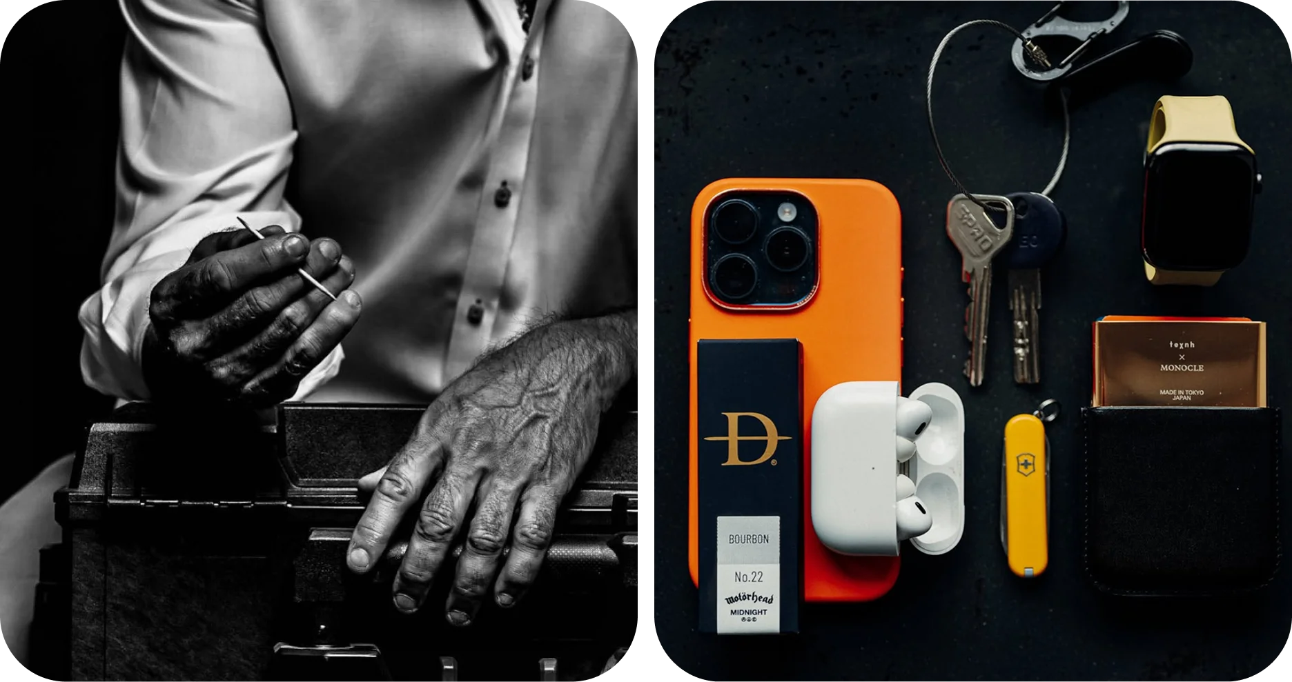 Daneson image pair with a man holding a toothpick and a flat lay of a bourbon toothpick box among everyday carry gear.