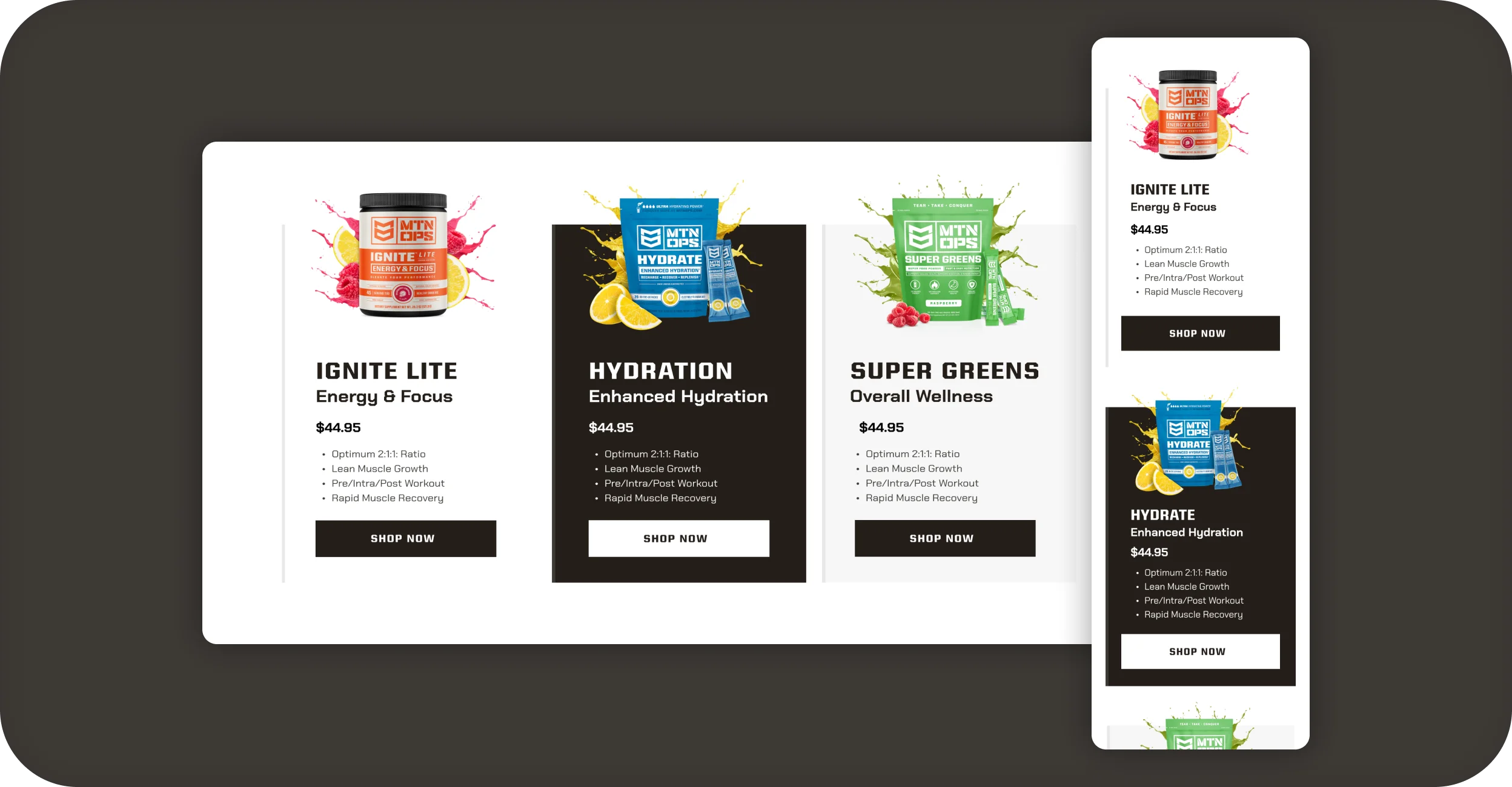 MTN OPS desktop and mobile product cards for Ignite Lite, Hydration, and Super Greens supplements.