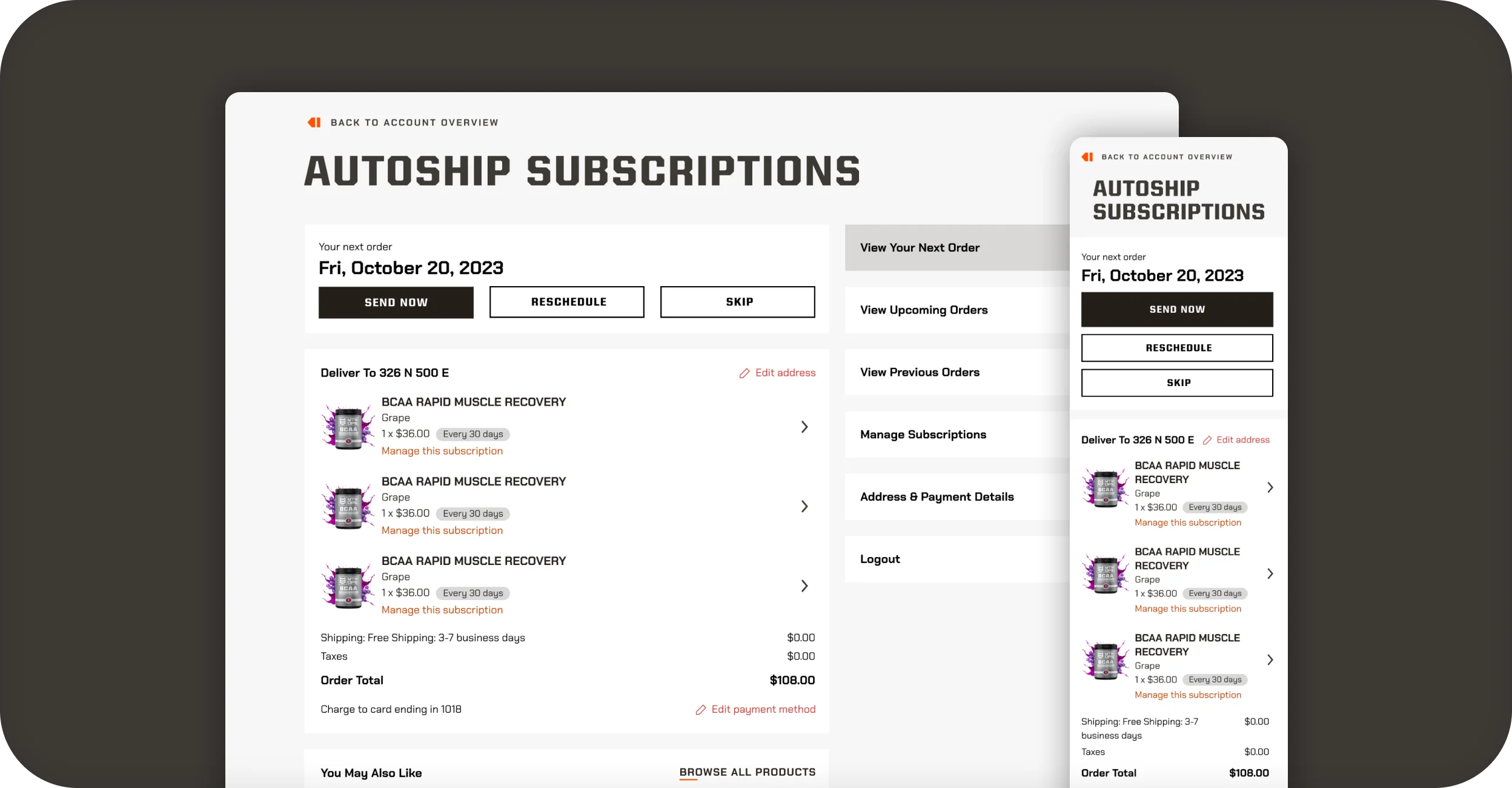 MTN OPS autoship subscriptions account page on desktop and mobile with upcoming order management.
