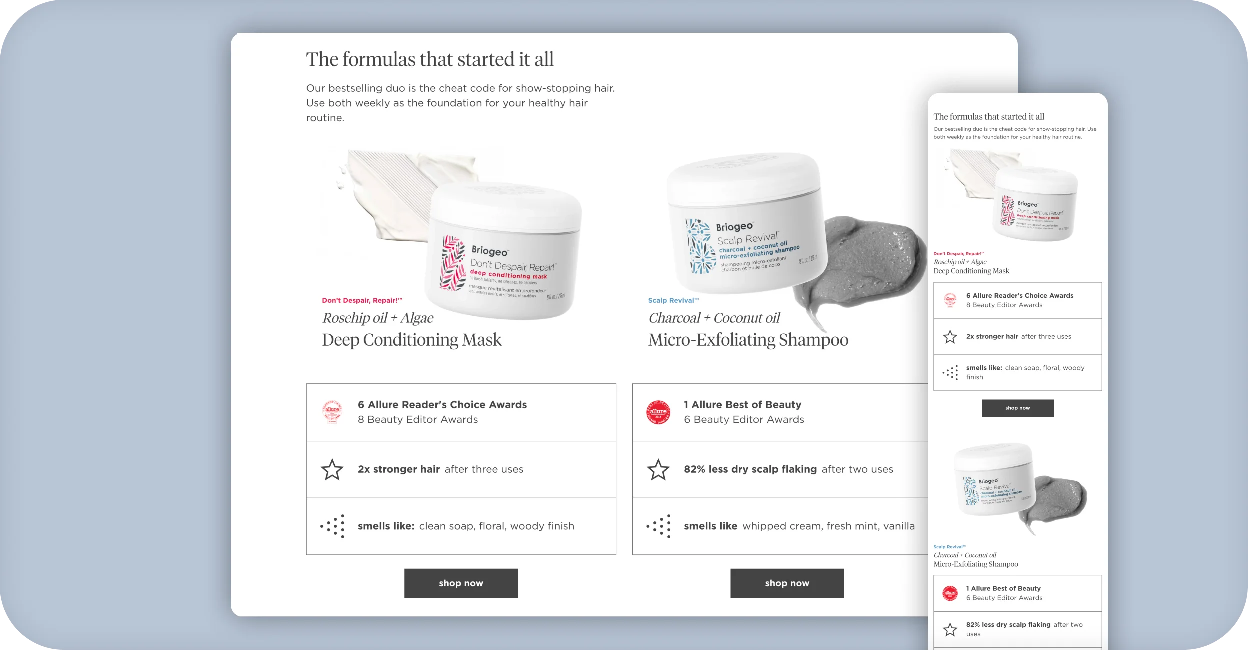 Briogeo desktop and mobile product feature section comparing two bestselling hair formulas.