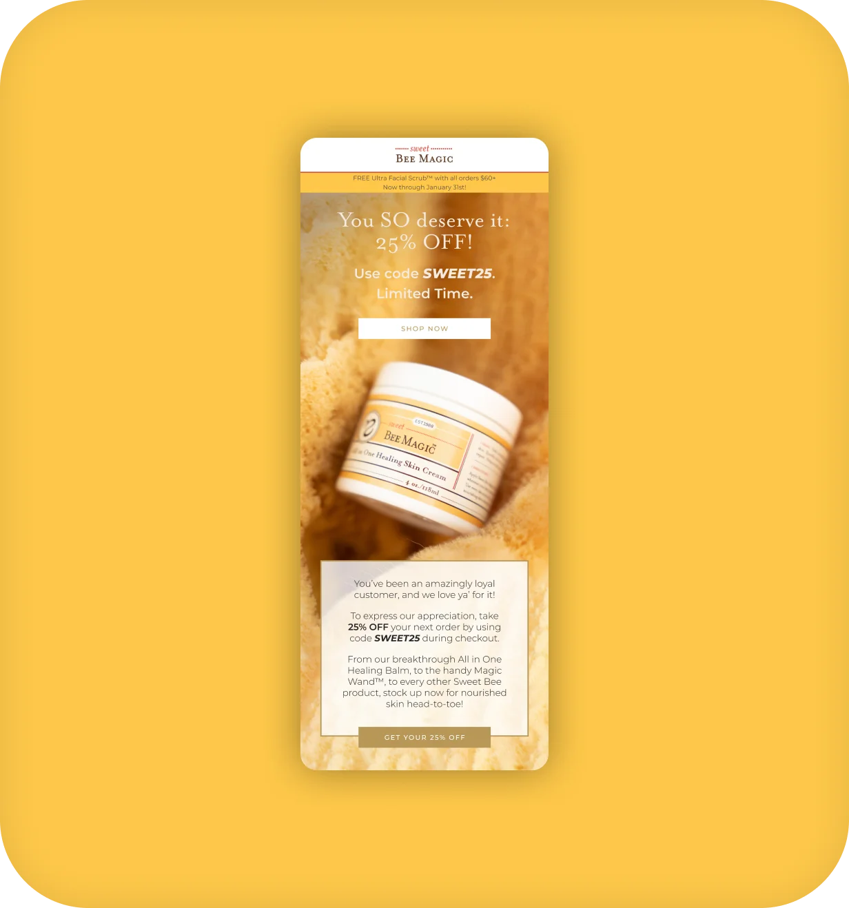 Sweet Bee Magic promotional email on mobile offering 25% off and featuring healing skin cream.