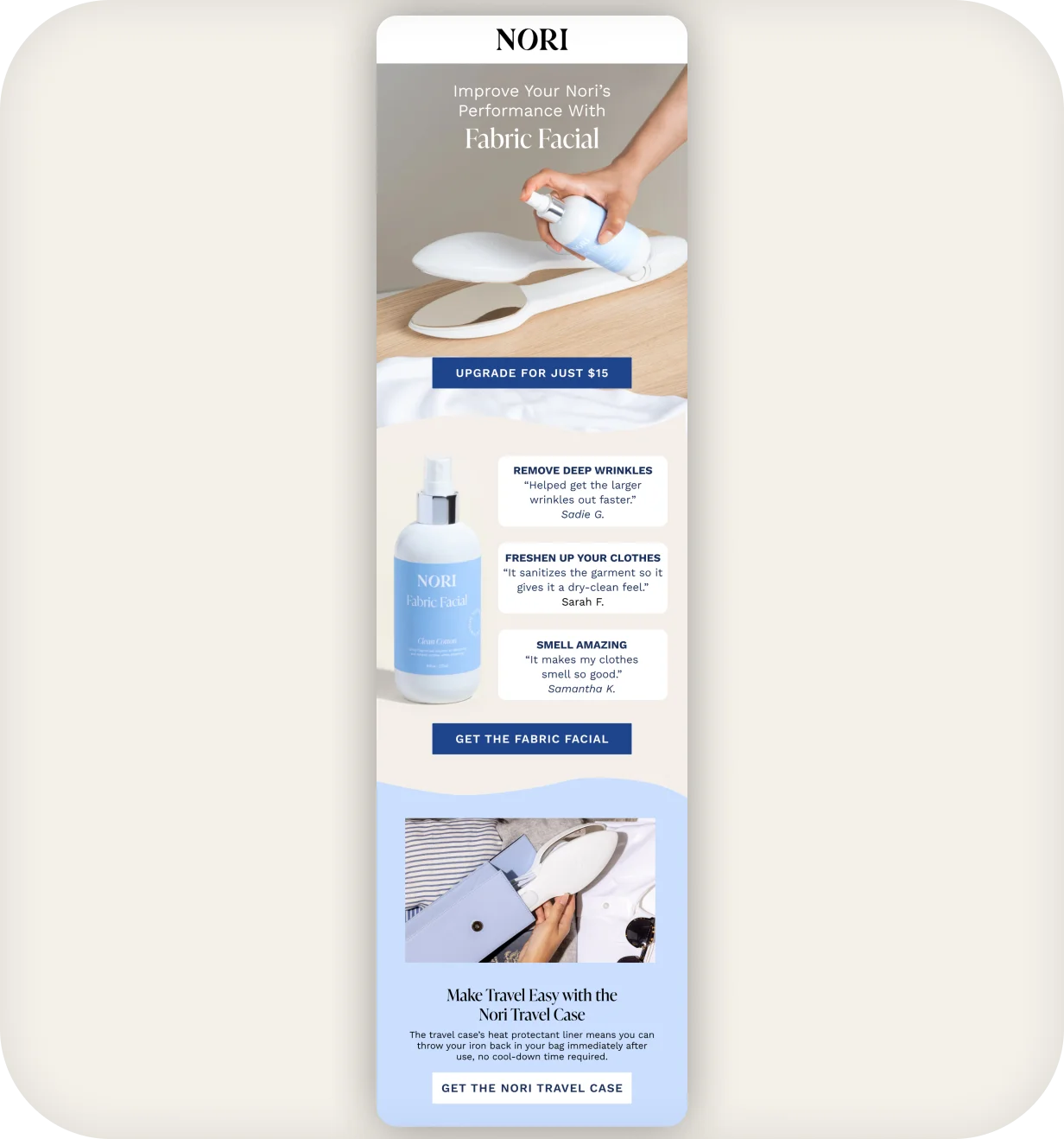 Nori email design promoting the Fabric Facial spray with customer reviews and travel case.