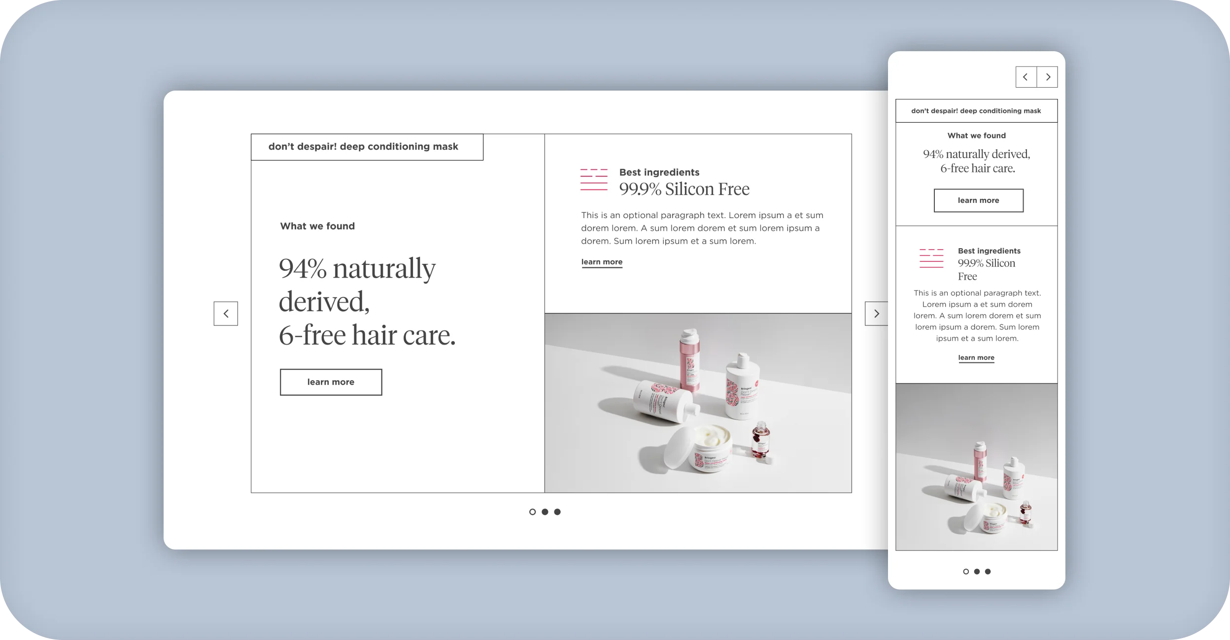 Briogeo product highlights carousel for the Don't Despair conditioning mask on desktop and mobile.