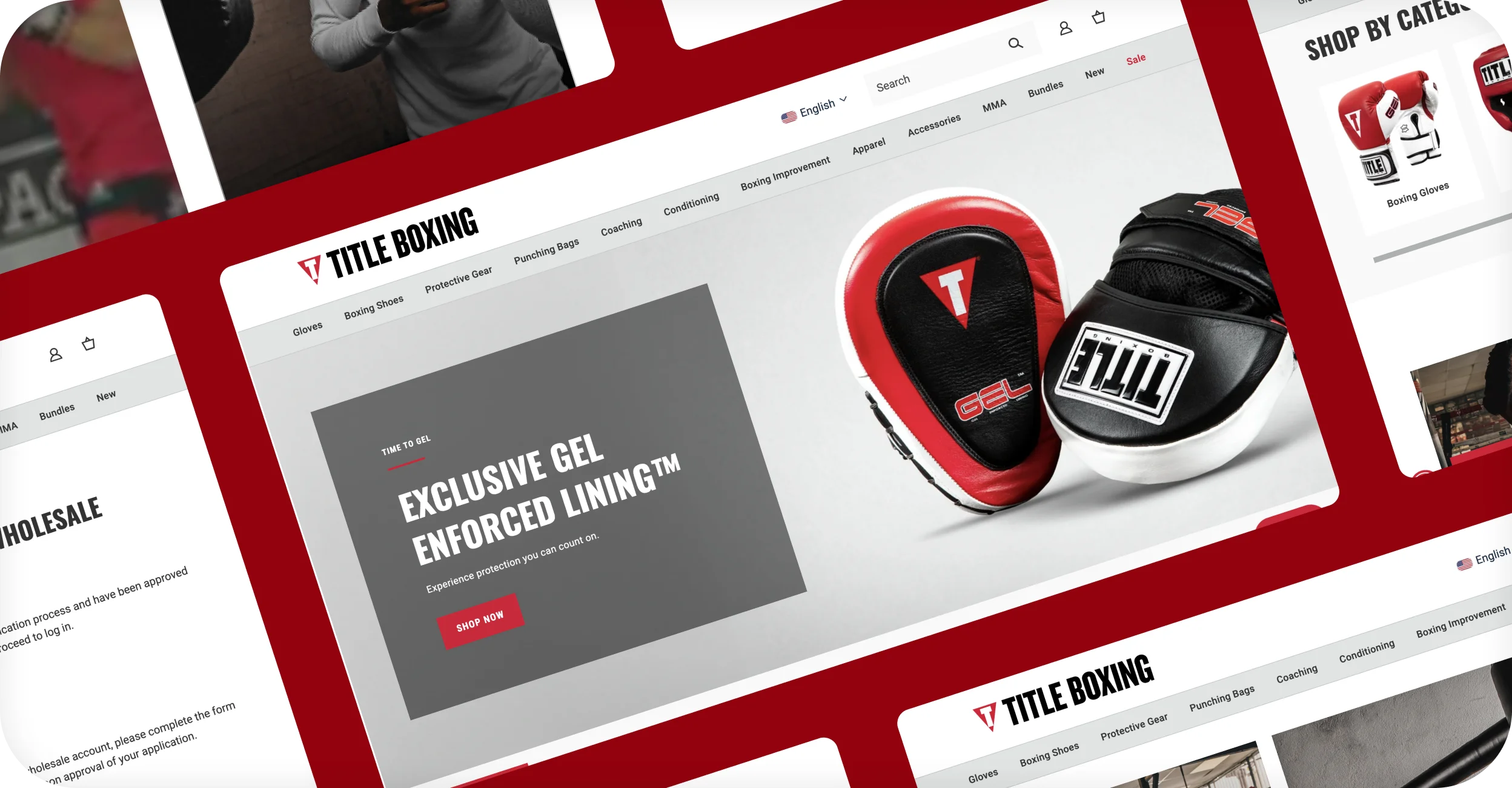 TITLE Boxing desktop page collage with gel gear homepage hero, category tiles, and wholesale page.