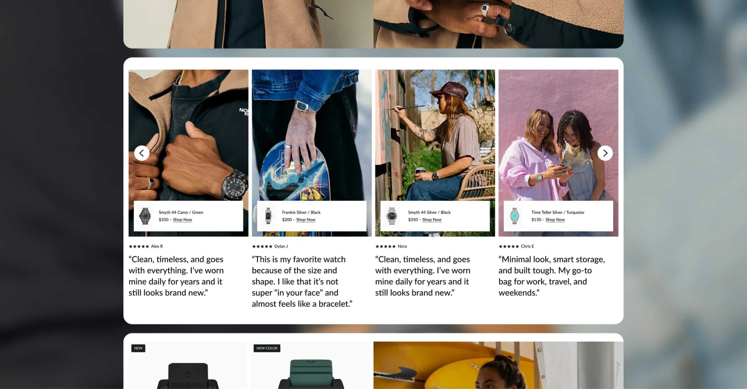 Nixon desktop homepage customer review carousel with shoppable watch product cards.