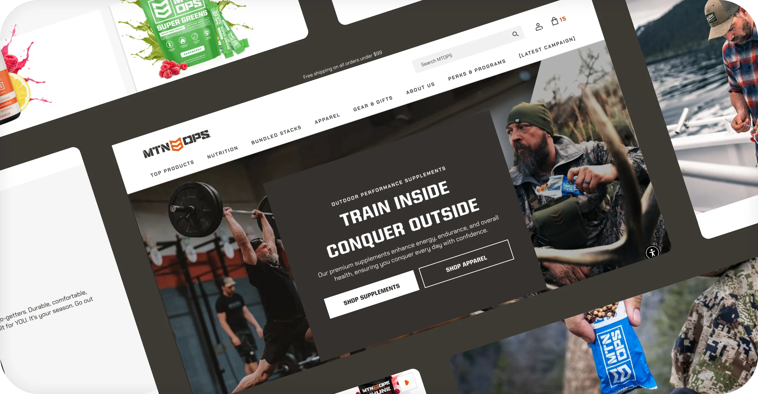 MTN OPS homepage collage with Train Inside Conquer Outside hero and supplement products on desktop.