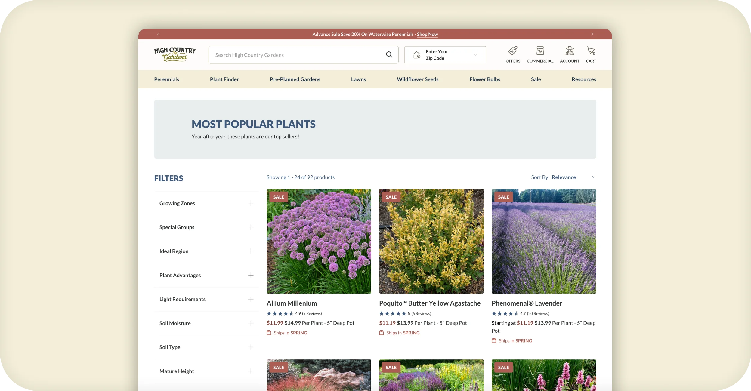 High Country Gardens desktop collection page of most popular plants with sidebar filters.