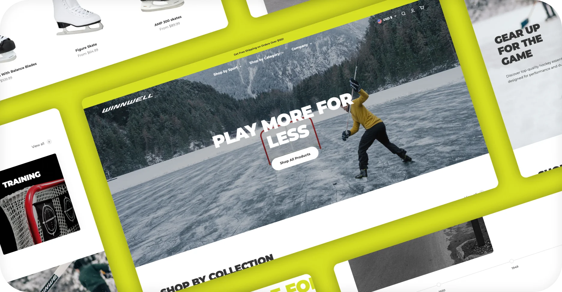 Winnwell desktop homepage collage with Play More for Less hockey hero and skate product grid.