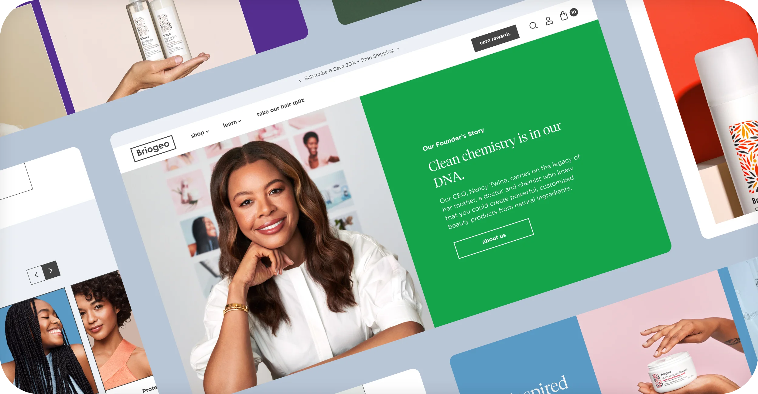 Briogeo desktop homepage collage highlighting the founder story section and product imagery.
