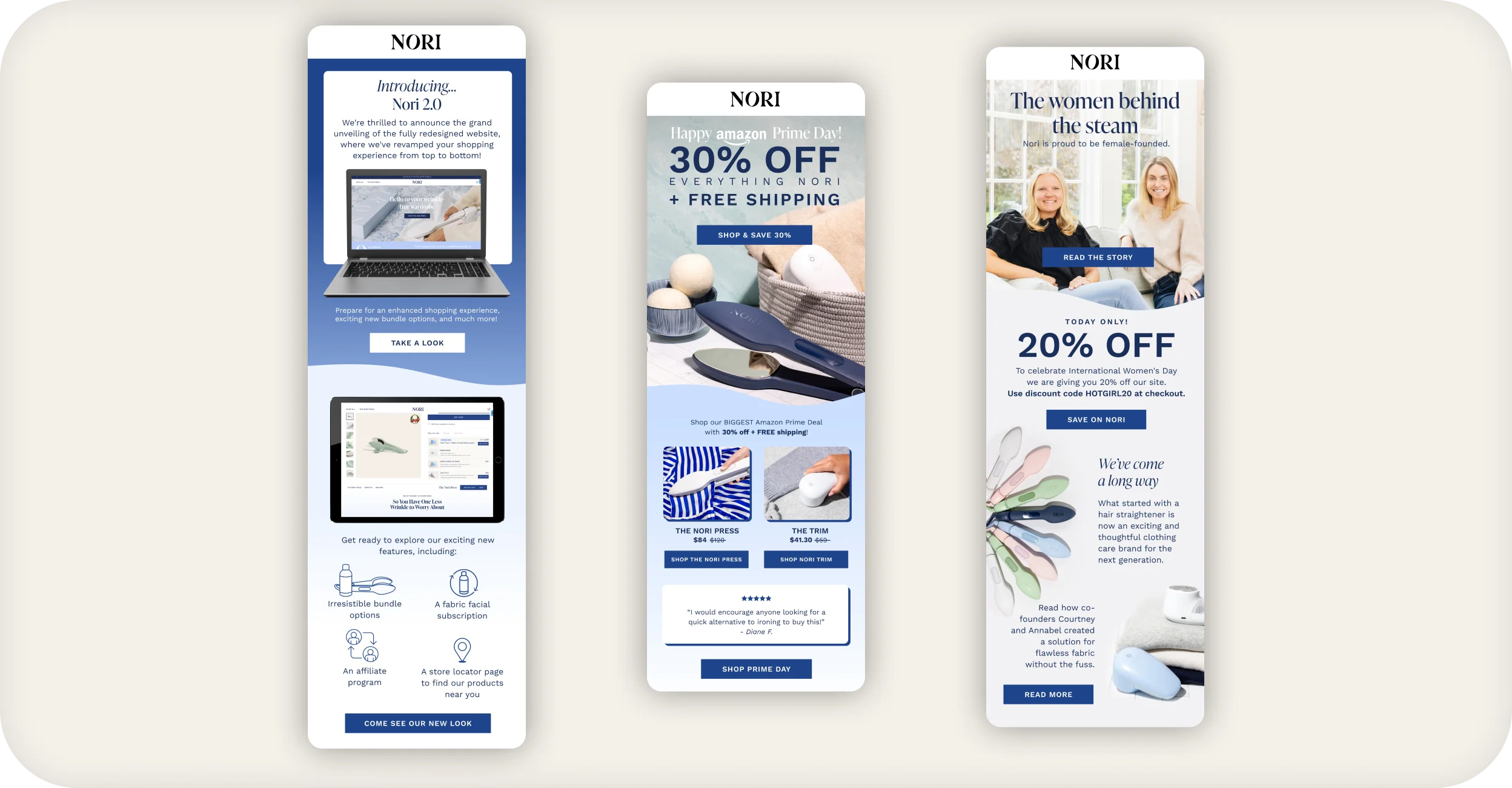 Nori marketing email designs announcing a site redesign, a Prime Day sale, and the founder story.