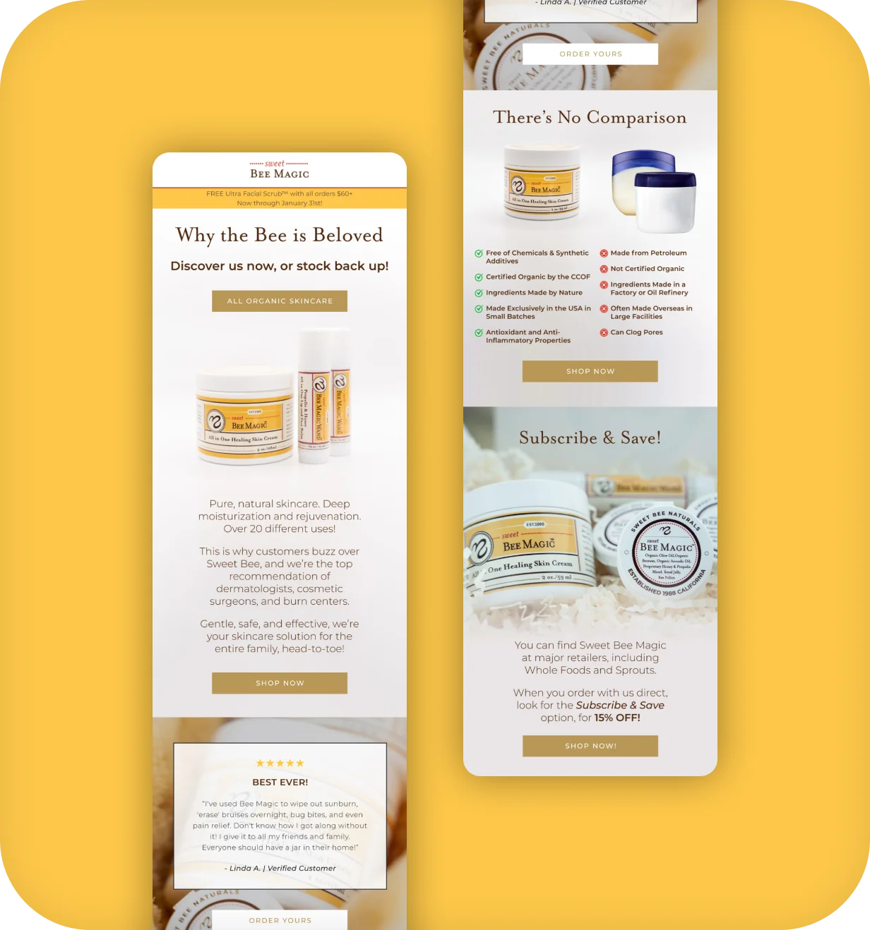 Sweet Bee Magic email designs with product benefits, comparison chart, and subscribe-and-save offer.
