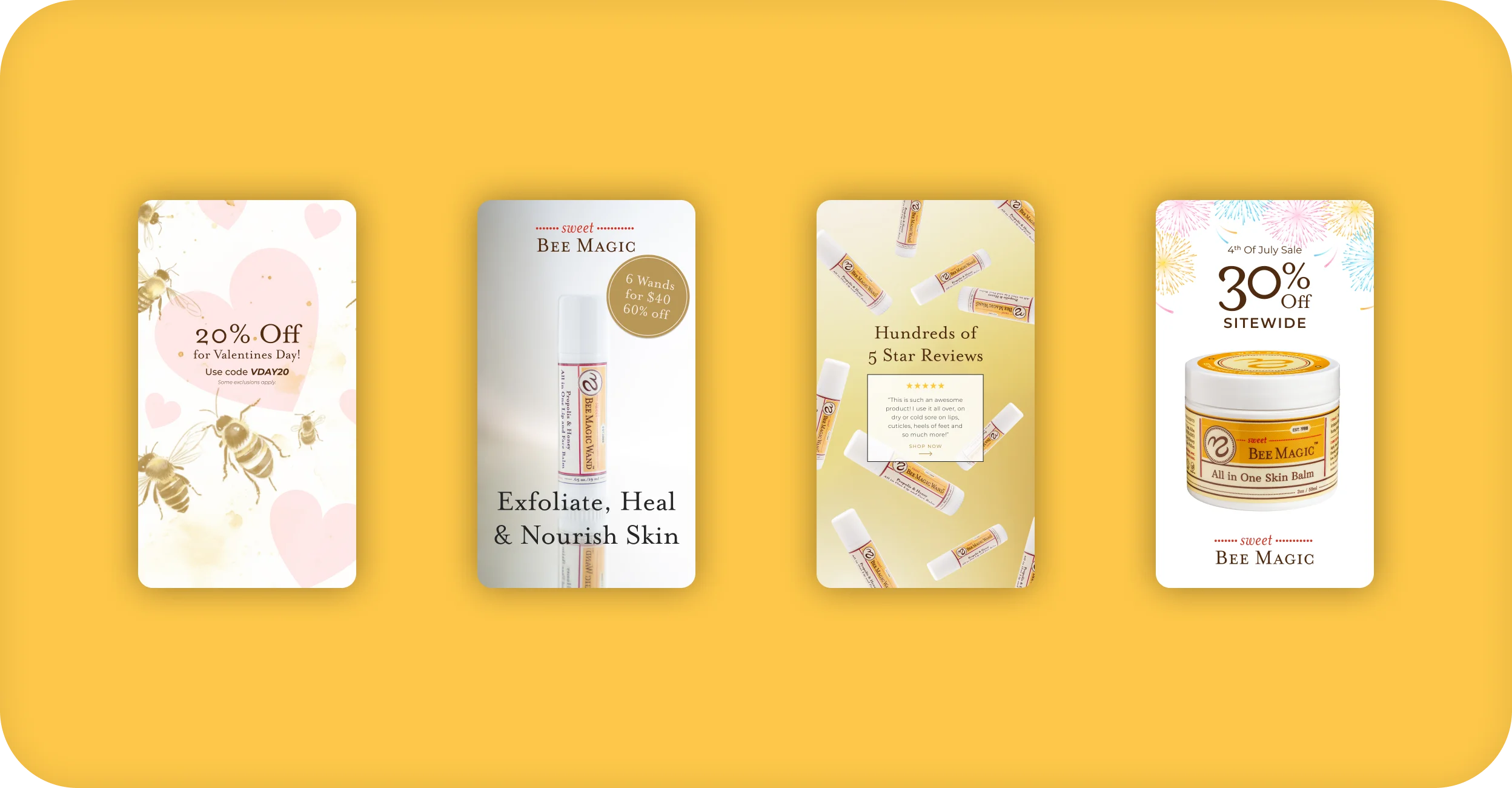 Sweet Bee Magic mobile email designs promoting seasonal sales, skin balm wands, and customer reviews.
