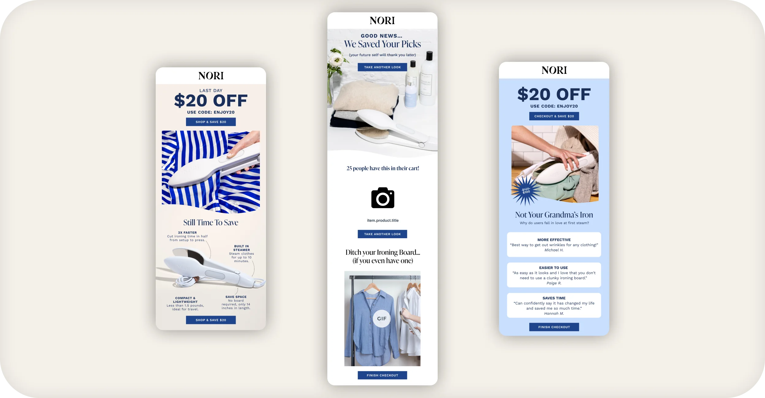 Nori promotional email designs for the Nori Press steam iron on three mobile screens.