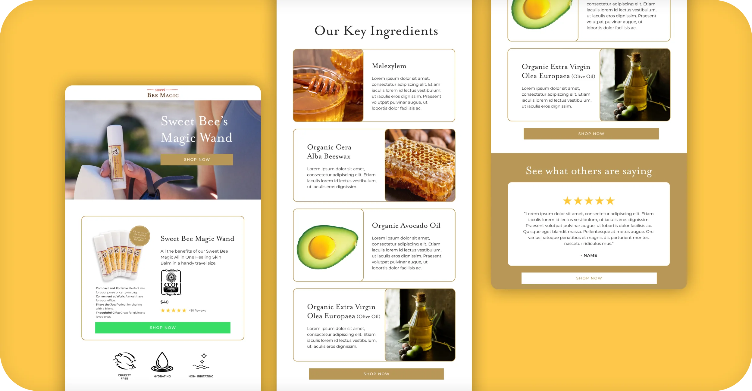 Sweet Bee landing page sections for the Magic Wand balm with key ingredients and reviews.