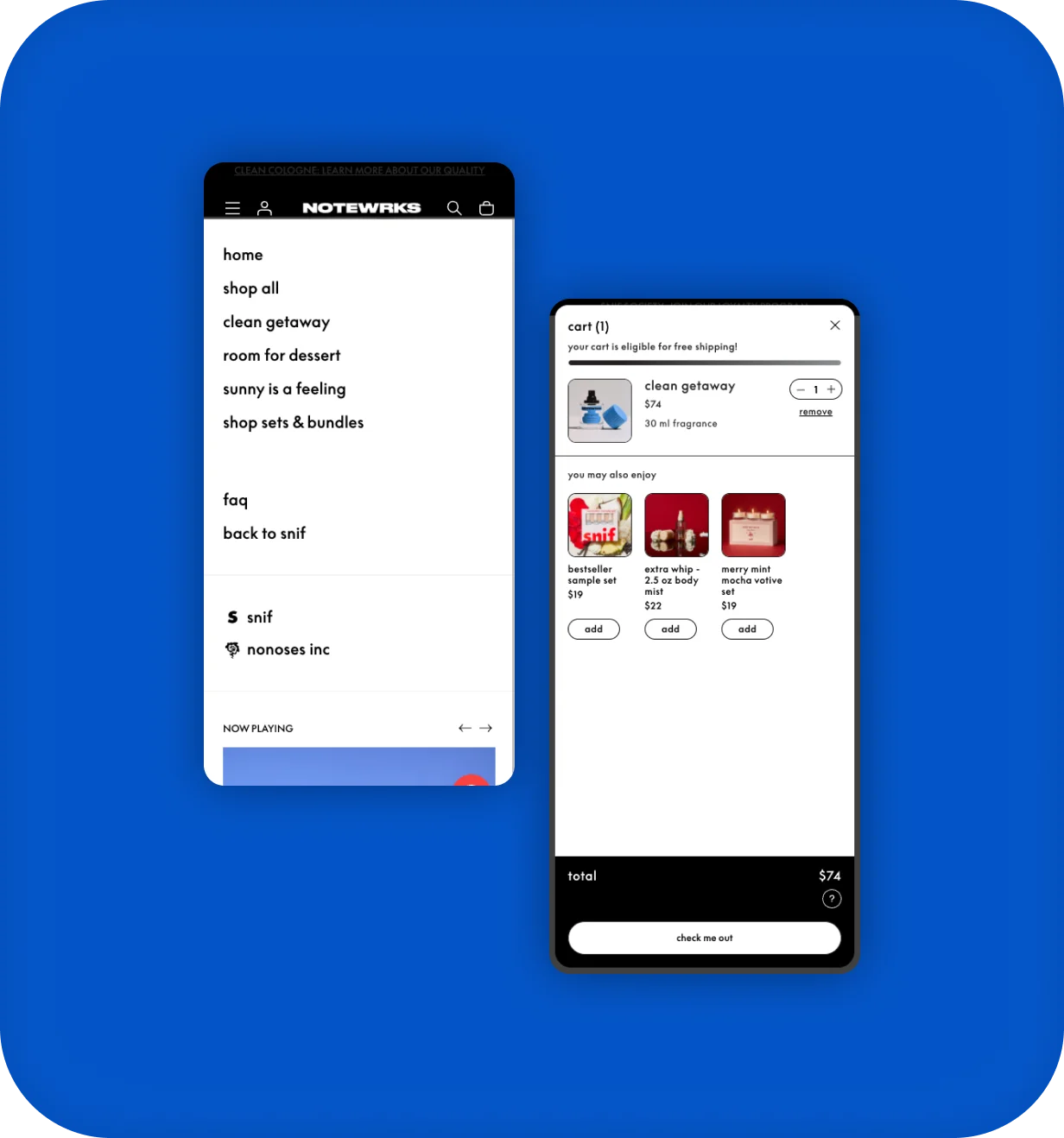 Snif mobile navigation menu and cart drawer with product recommendations.
