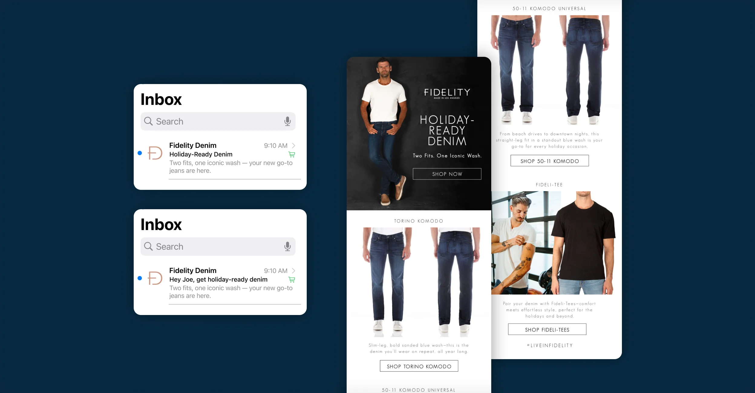 Fidelity Denim holiday email campaign with inbox previews and mobile denim product features.