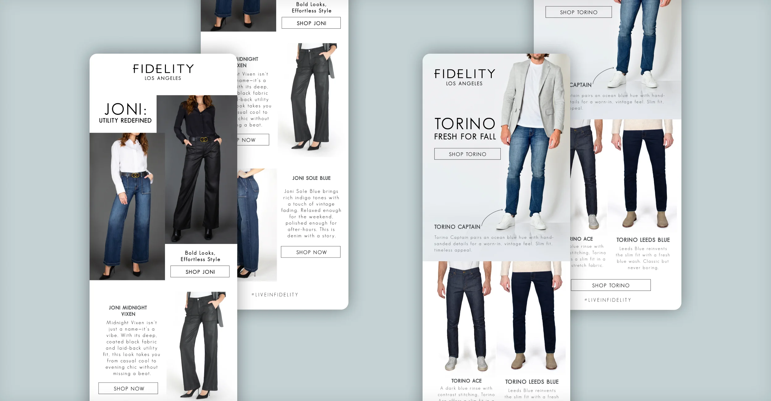 Fidelity Denim email campaign designs for the Joni and Torino denim collections.