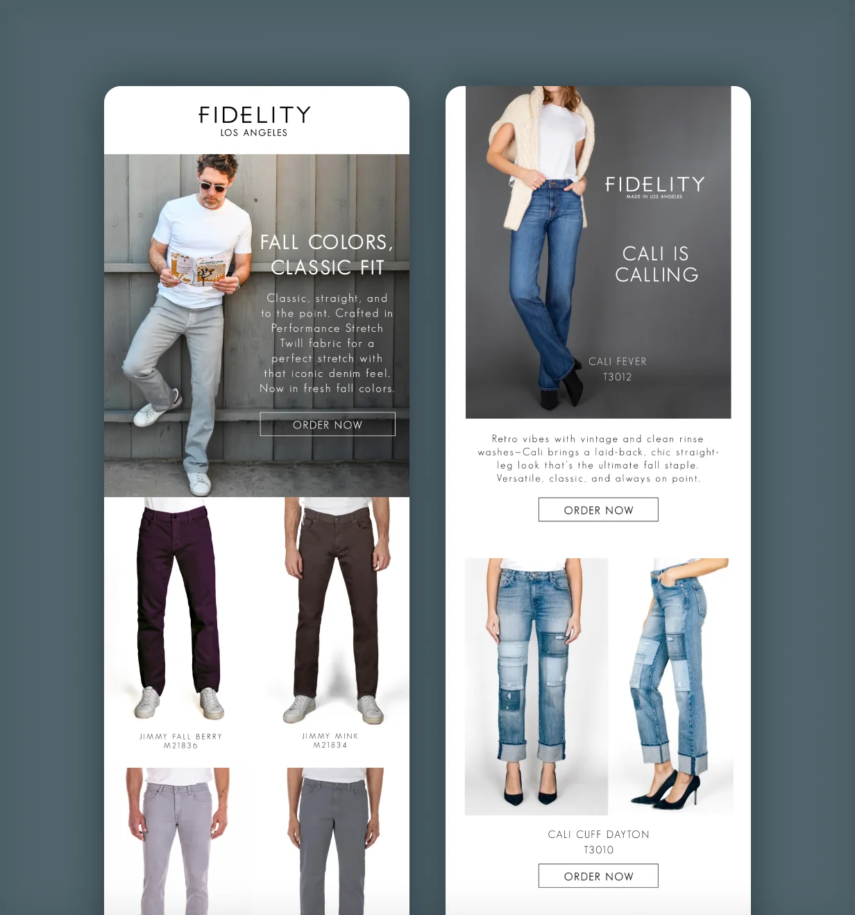 Fidelity Denim marketing email designs featuring fall denim styles and order-now CTAs.