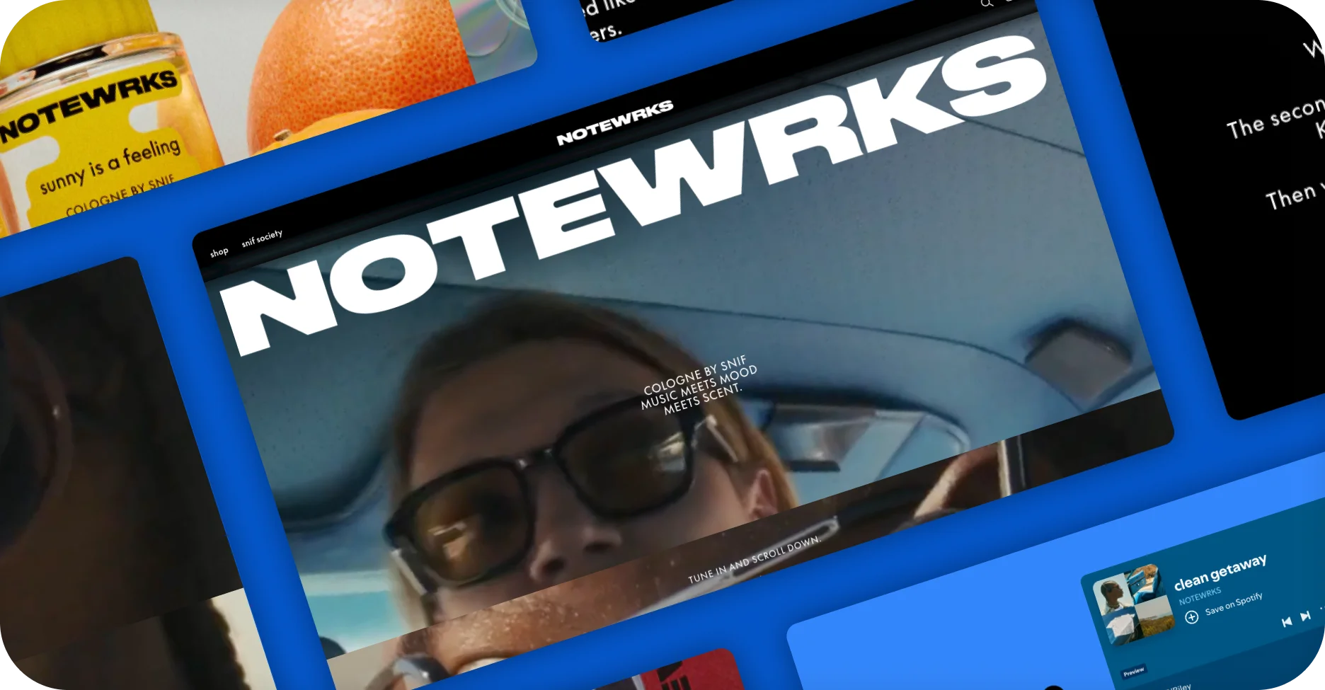Snif NOTEWRKS cologne campaign landing page collage on desktop.