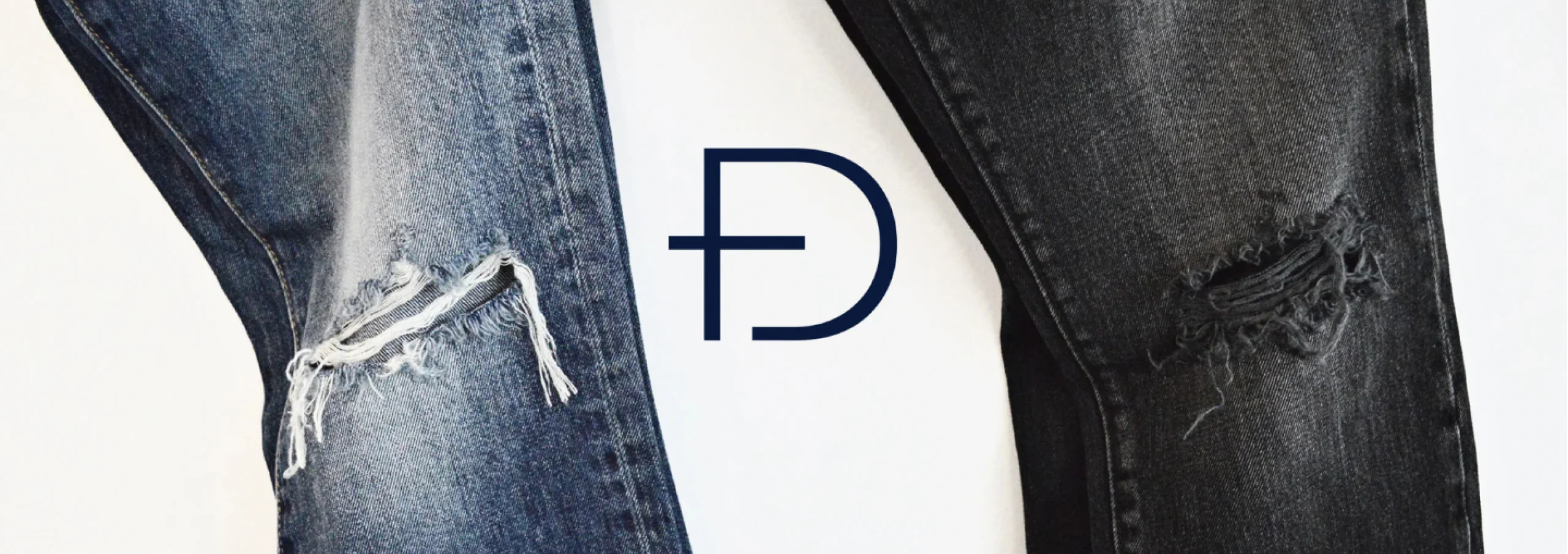 Two pairs of distressed Fidelity Denim jeans framing the navy FD monogram logo.