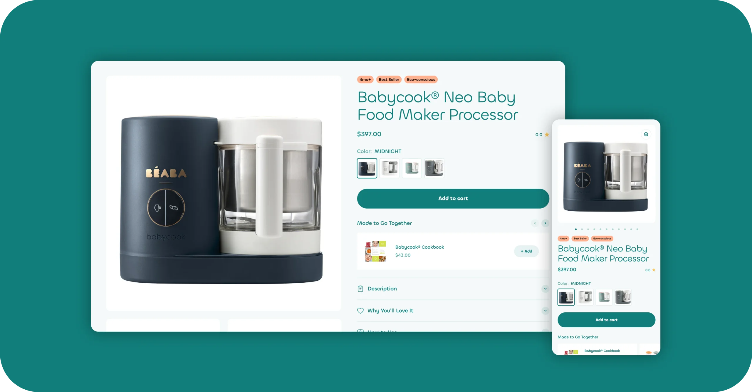 Béaba product page for the Babycook Neo baby food maker on desktop and mobile.