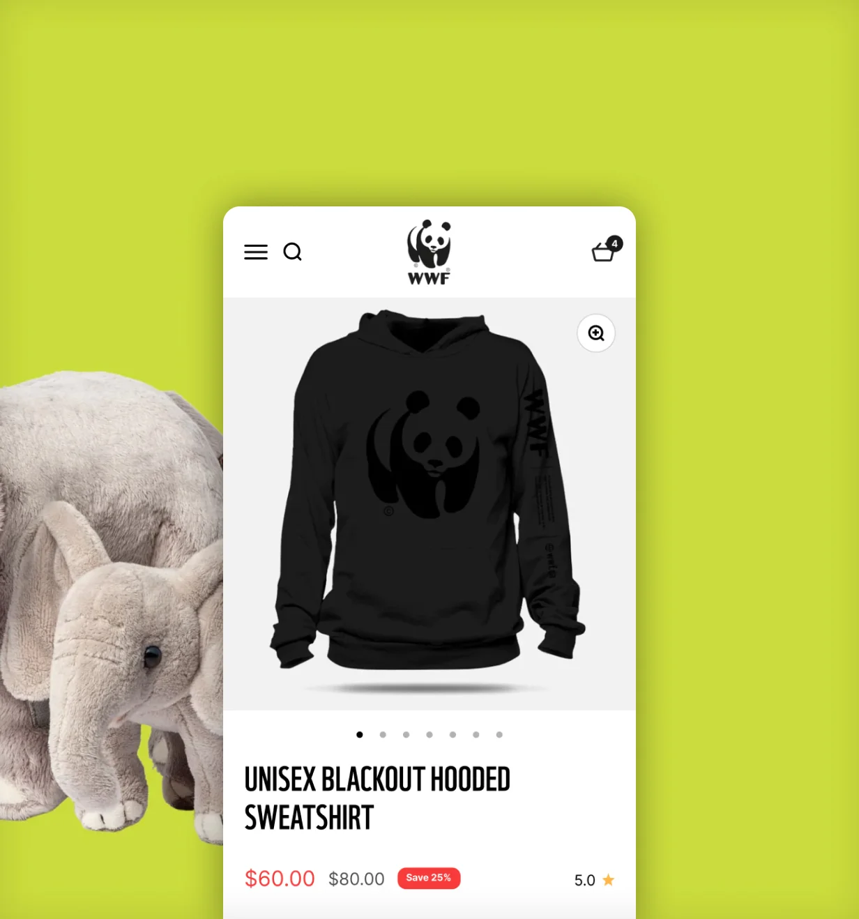 WWF mobile product page for a unisex blackout hooded sweatshirt with sale pricing.