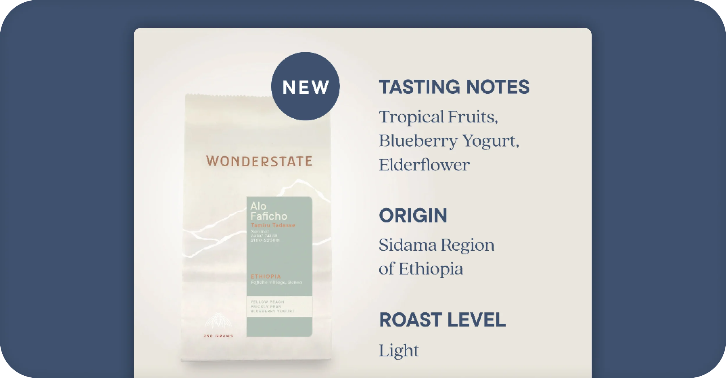 Wonderstate coffee product detail showing tasting notes, origin, and roast level on desktop.