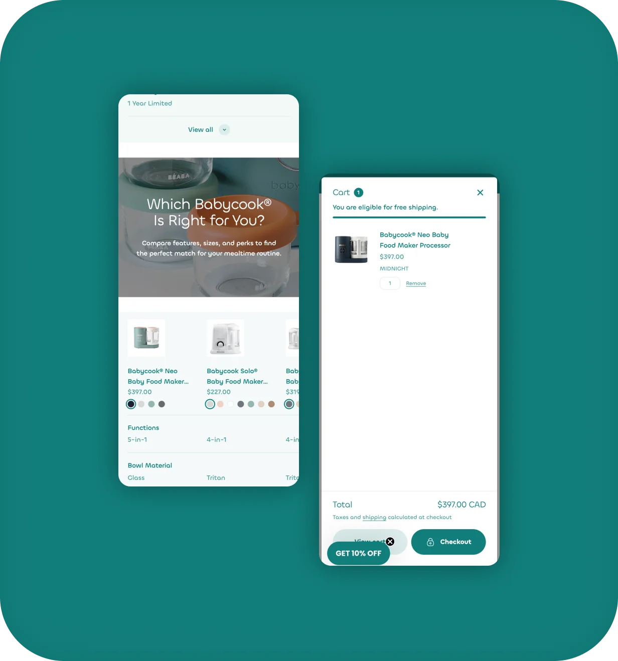 Béaba mobile screens showing Babycook comparison page and cart drawer with free shipping message.