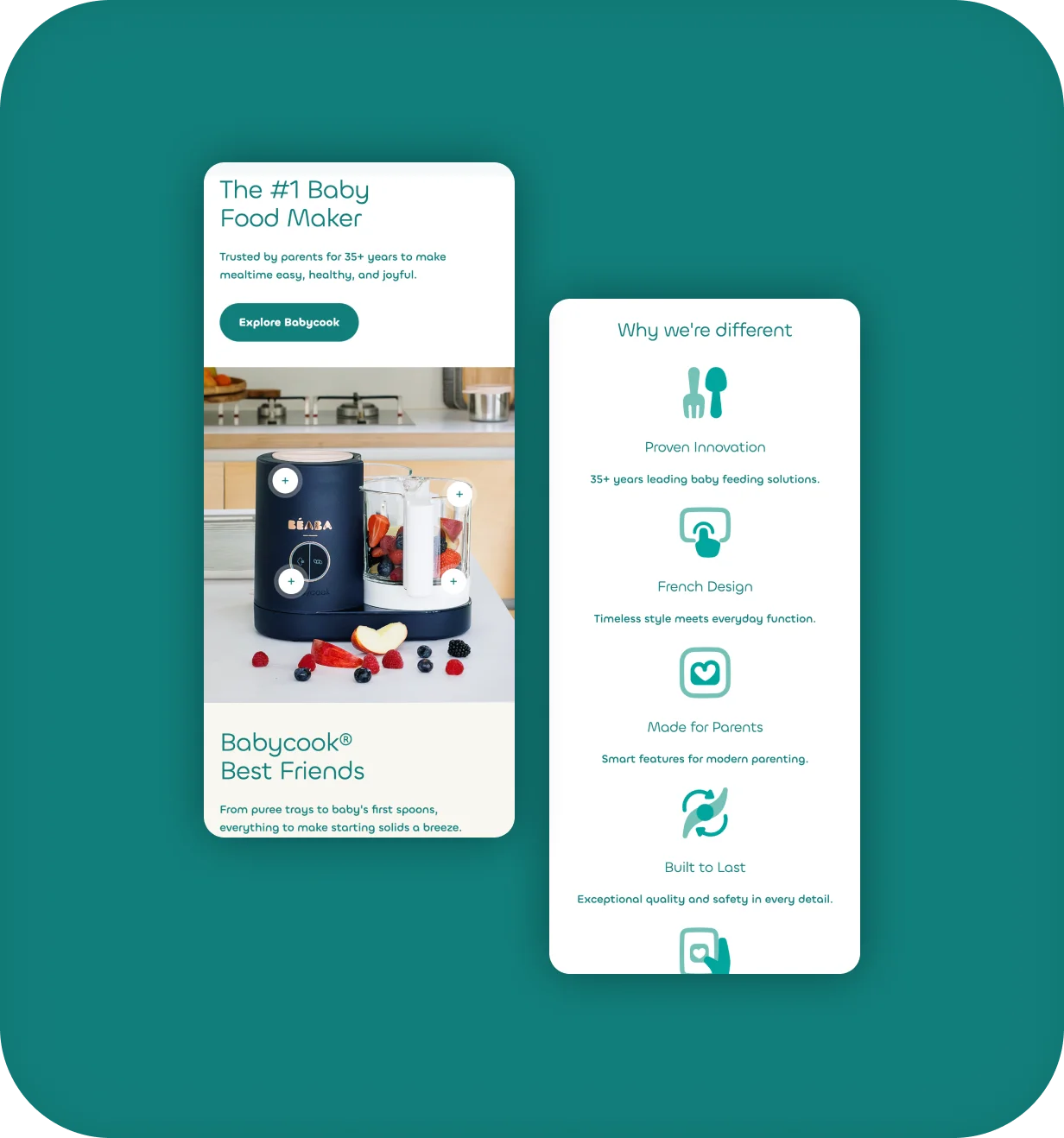 Béaba mobile homepage sections featuring the Babycook baby food maker and brand benefits.