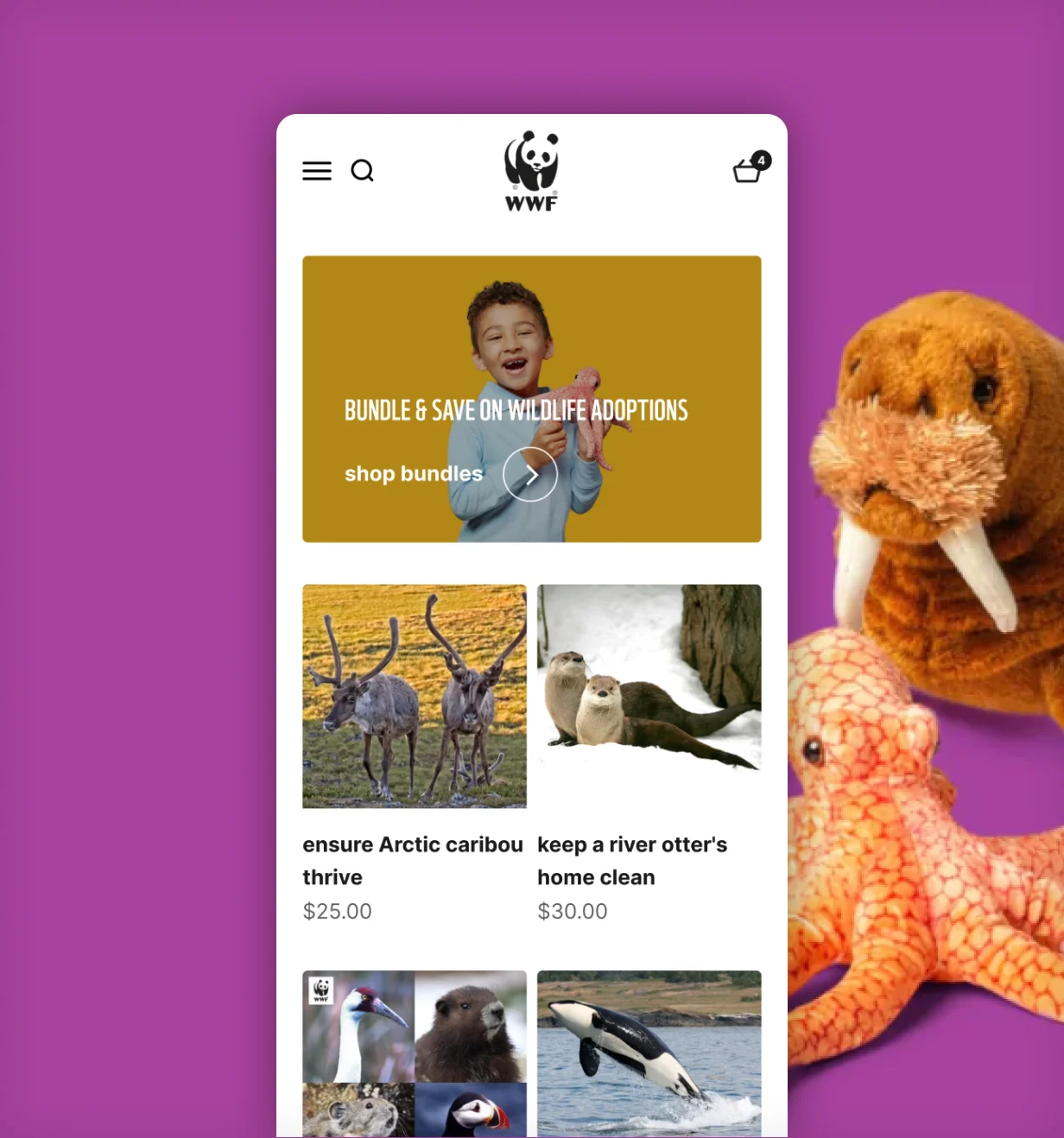 WWF mobile shop homepage with wildlife adoption bundles beside walrus and octopus plush toys.