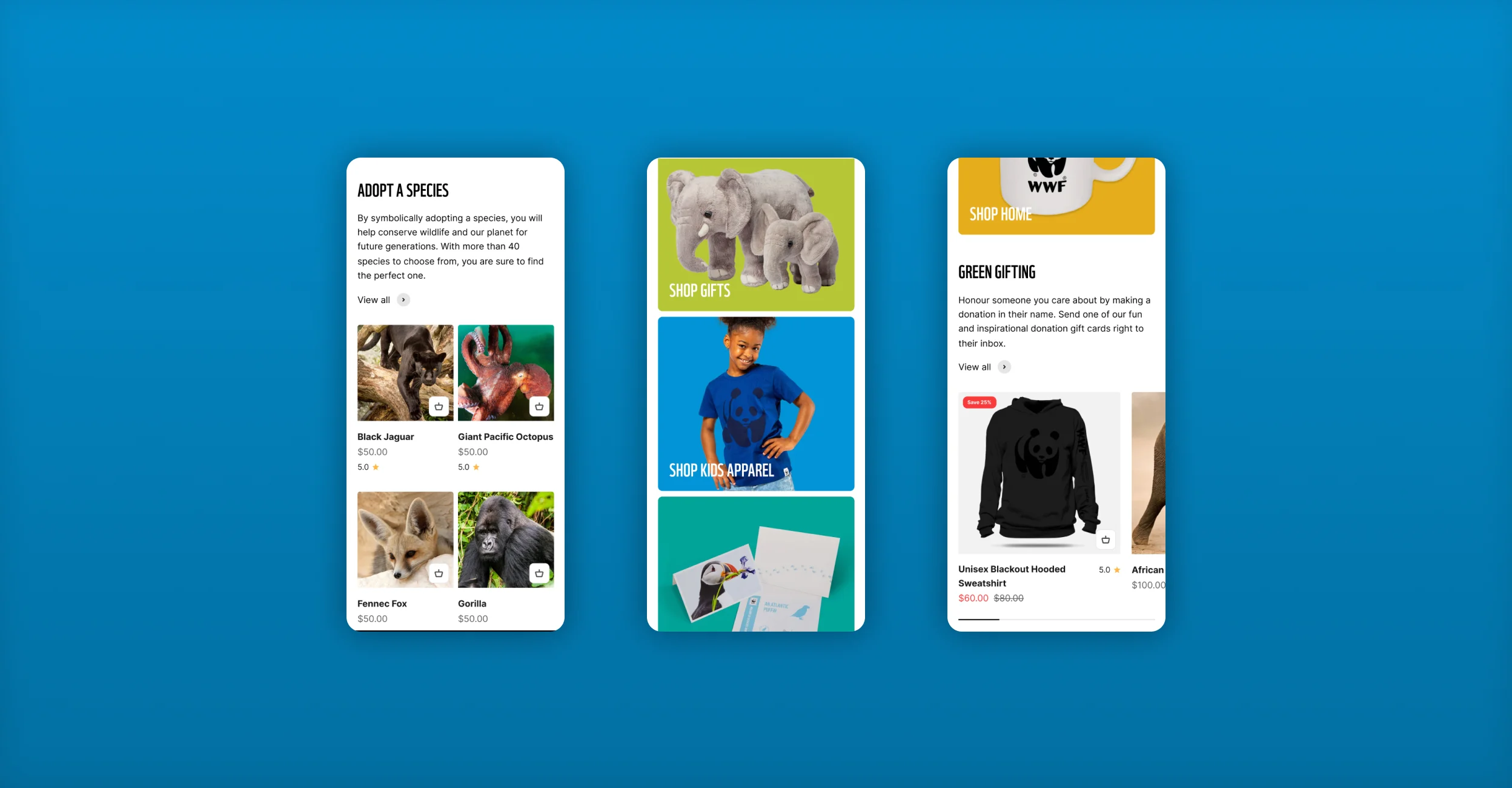 WWF mobile shop screens for species adoption, gifts, kids apparel, and green gifting.