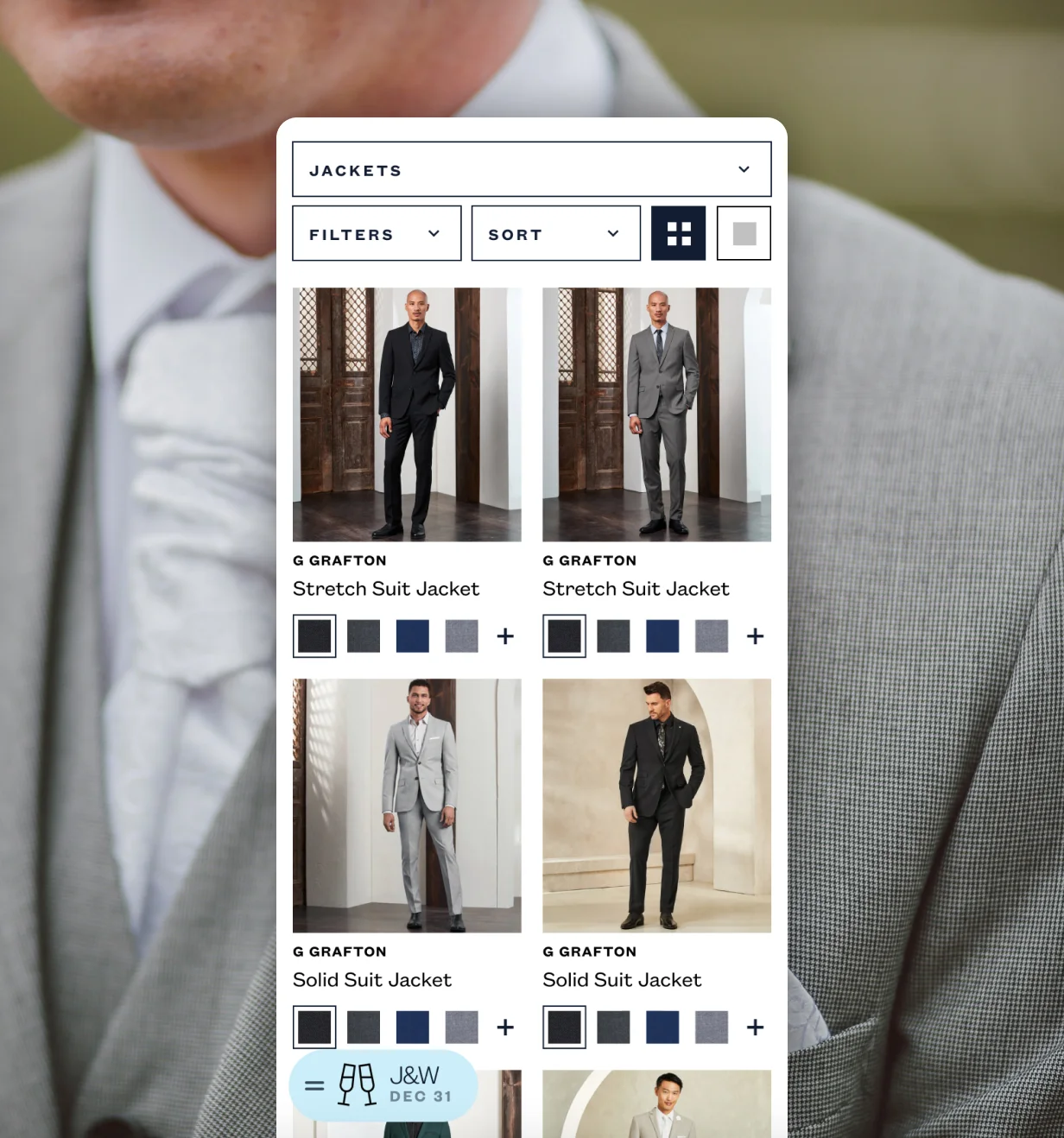 Grafton Apparel mobile collection page of suit jackets with filter and sort options.