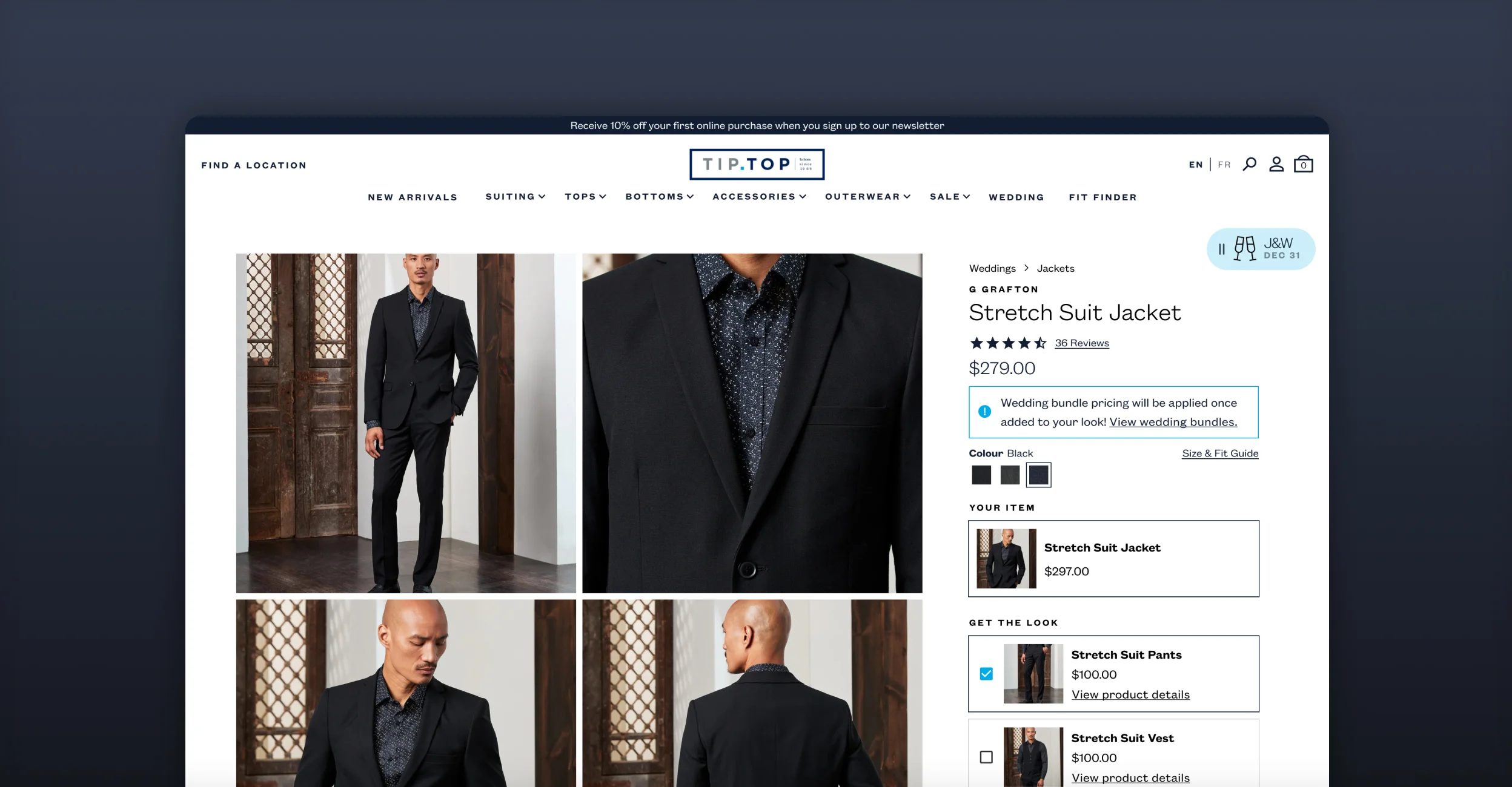 Tip Top product page for a Grafton stretch suit jacket on desktop with wedding bundle options.