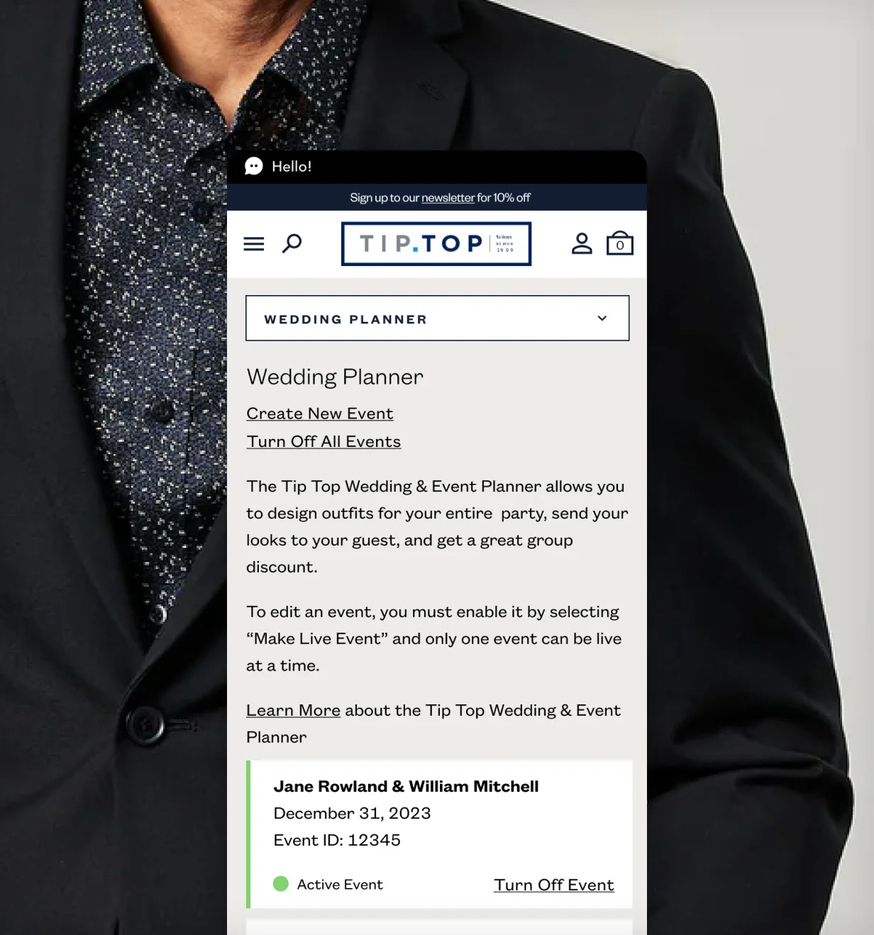 Grafton Apparel's Tip Top mobile Wedding Planner page listing an active wedding event.