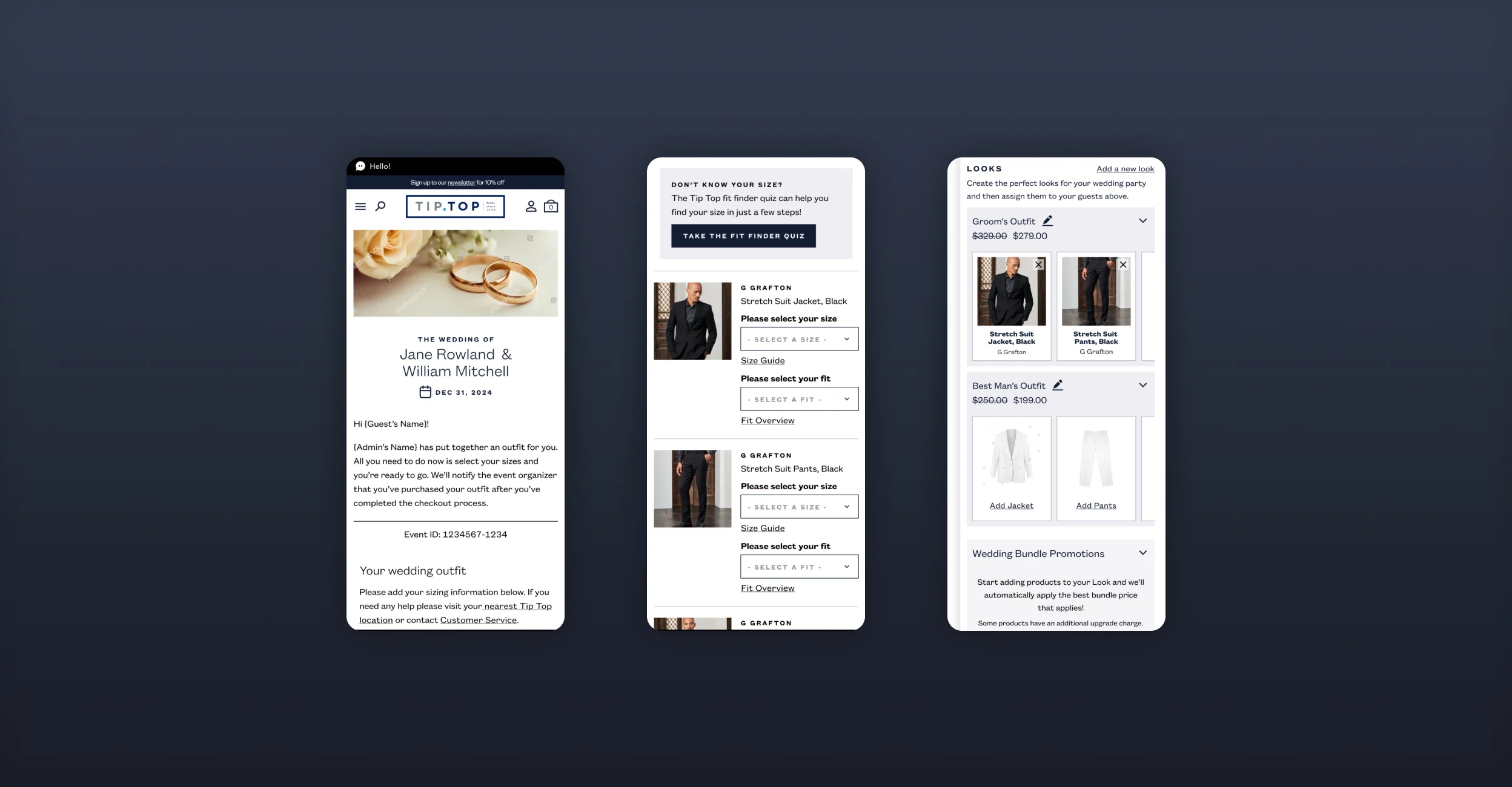 Grafton Apparel Tip Top mobile screens for a wedding outfit builder with size selection and looks.
