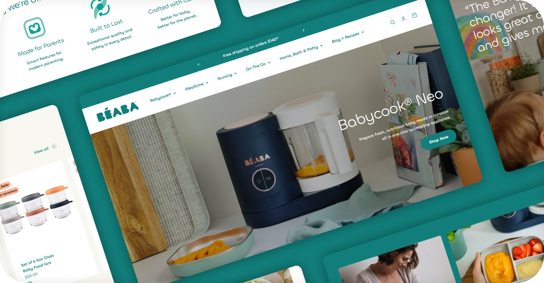 Beaba desktop homepage collage with Babycook Neo hero, navigation, and baby product highlights.