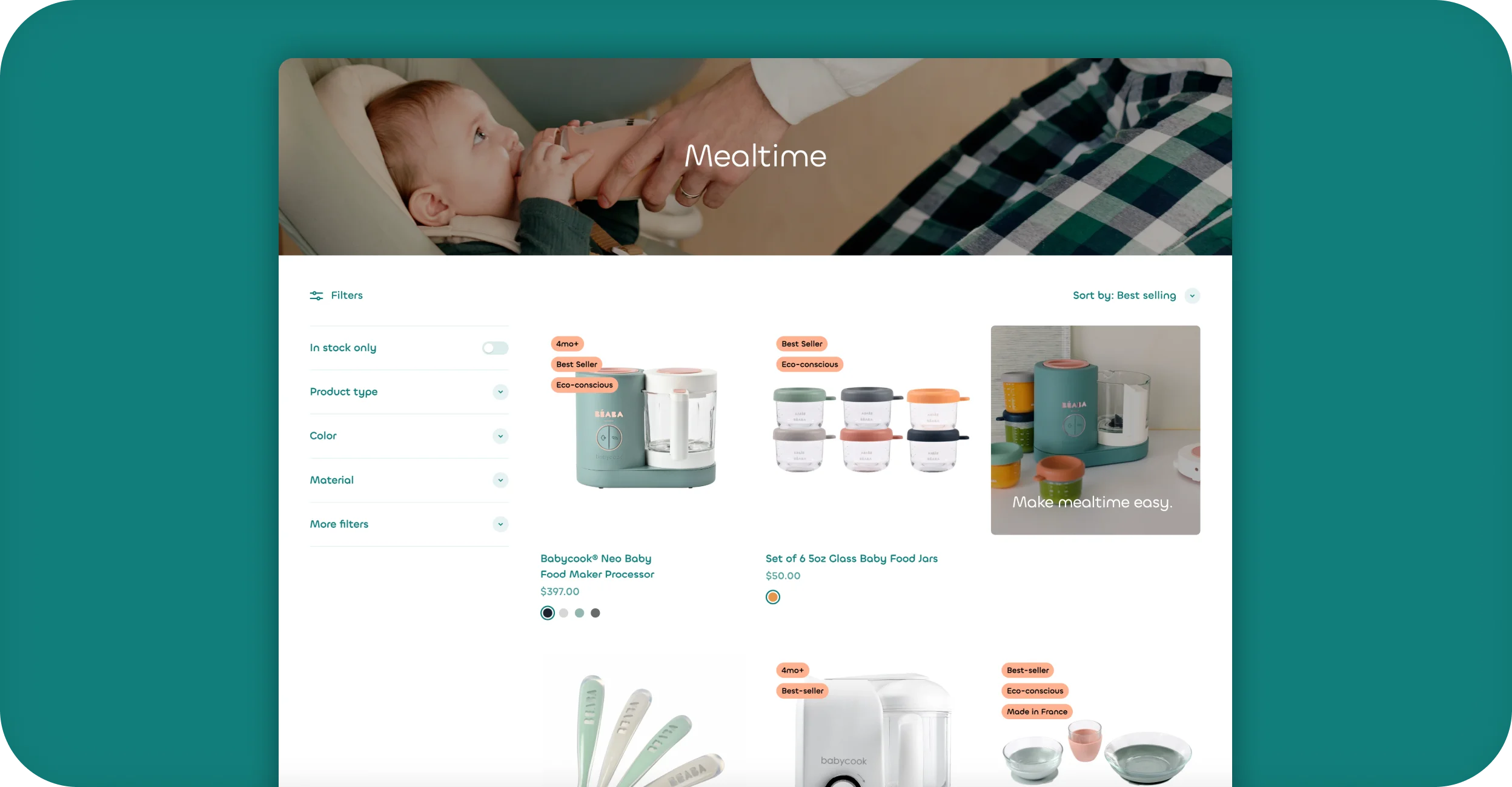 Béaba Mealtime collection page with filters and baby food maker products on desktop.