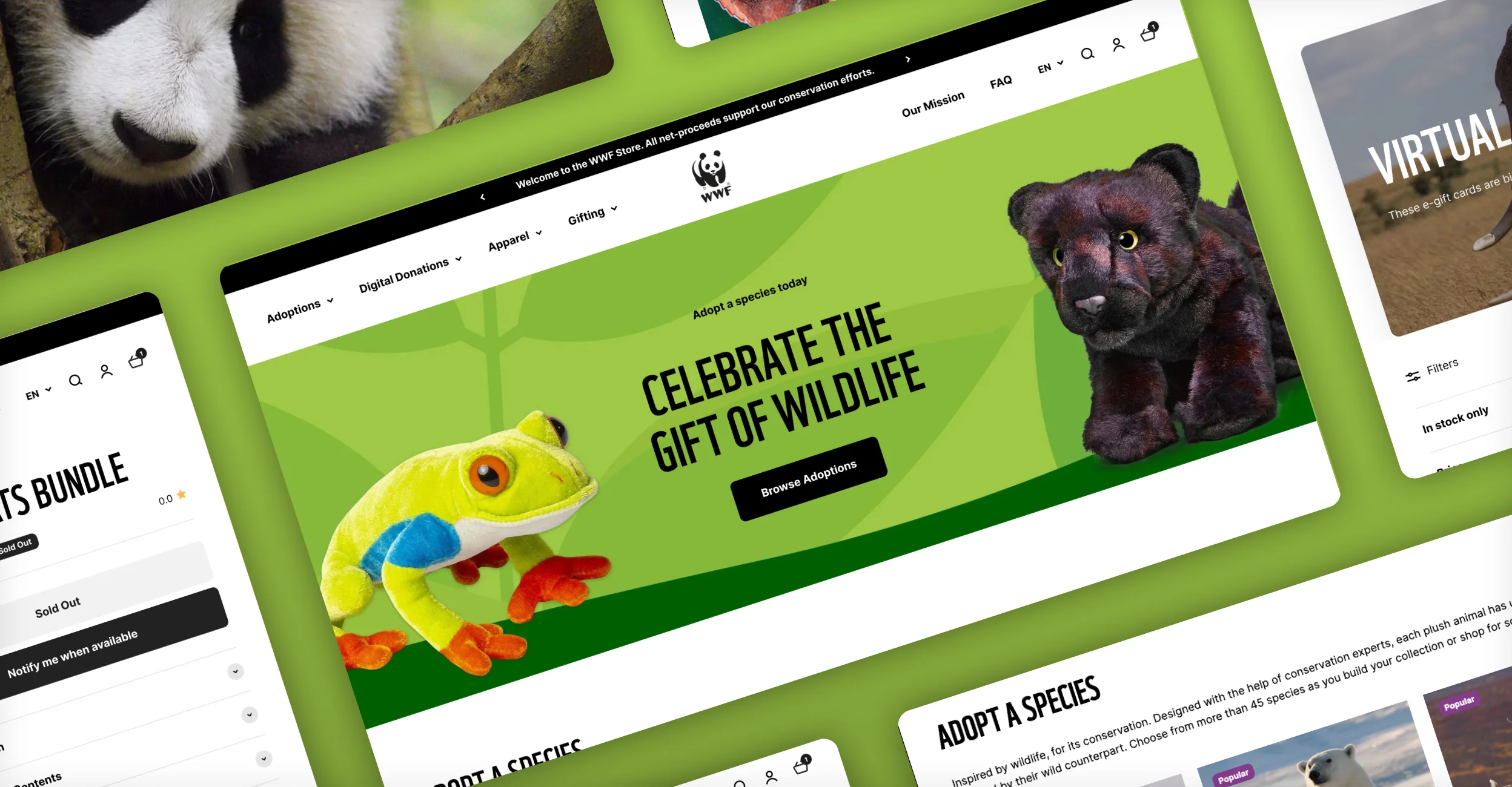 WWF store desktop homepage collage with plush animals and Celebrate the Gift of Wildlife hero.