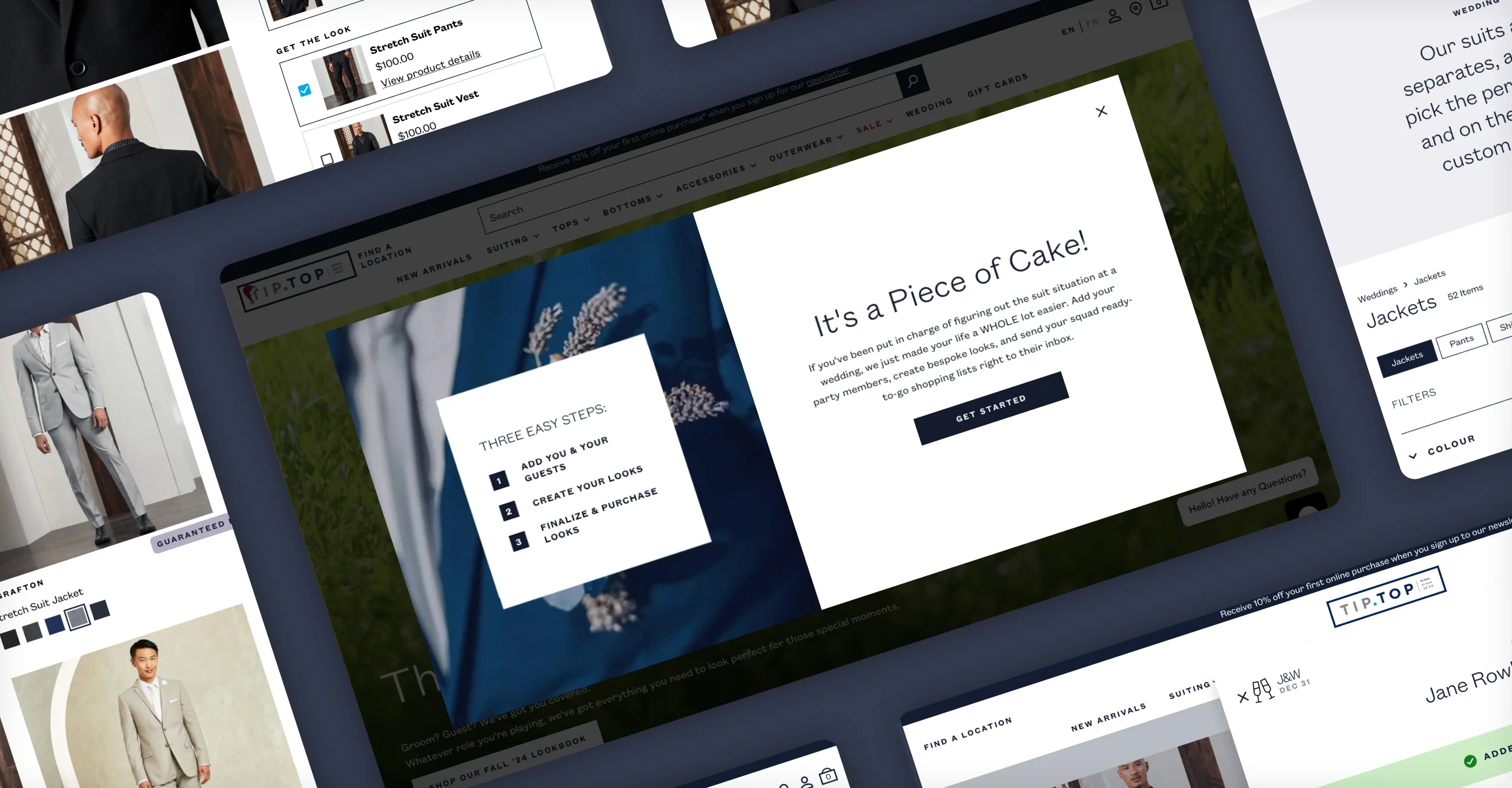 Grafton Apparel Tip Top desktop site collage with wedding suit builder, product pages, and jacket collection.