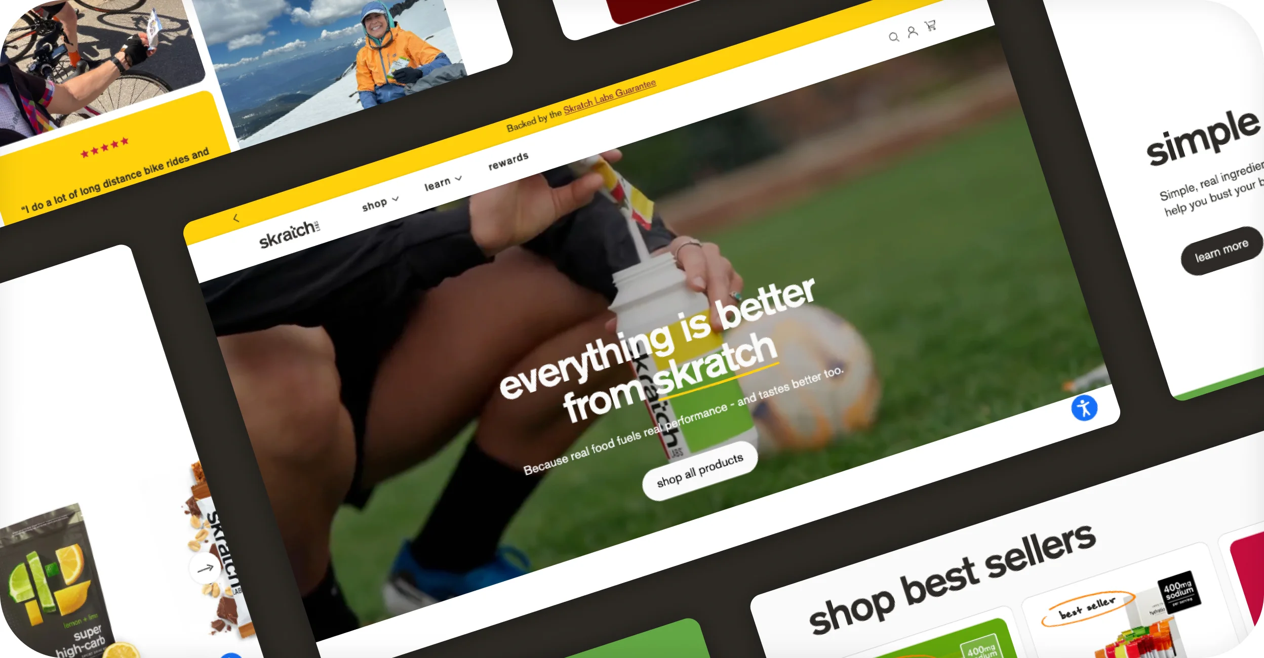 Skratch Labs desktop homepage collage with hero, reviews, and best sellers sections.