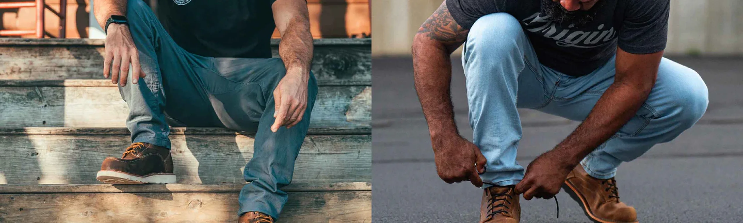 Side-by-side of two men wearing ORIGIN USA jeans and brown leather boots outdoors.