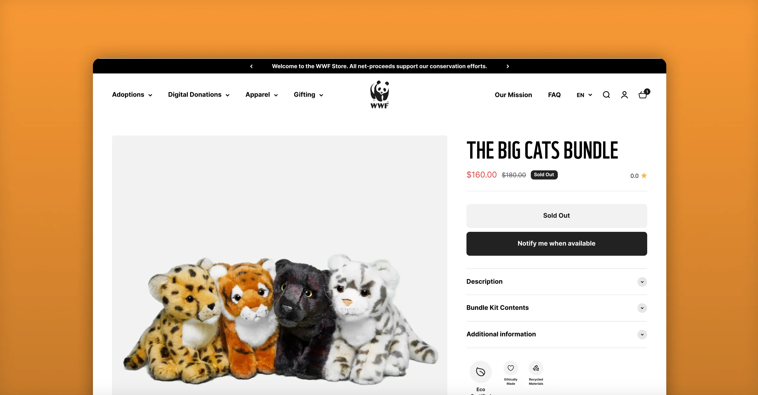 WWF desktop product page for the Big Cats plush toy bundle with sold-out notify option.
