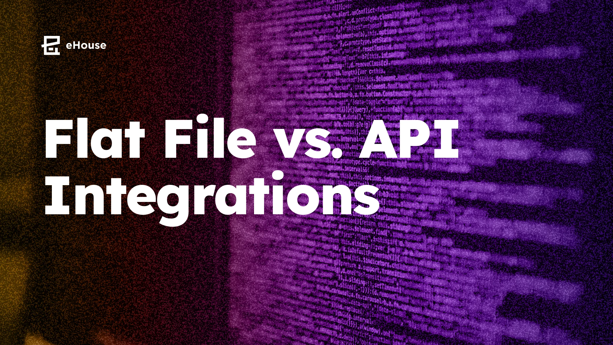 Title "Flat File vs. API Integrations" over purple-tinted code on a screen.