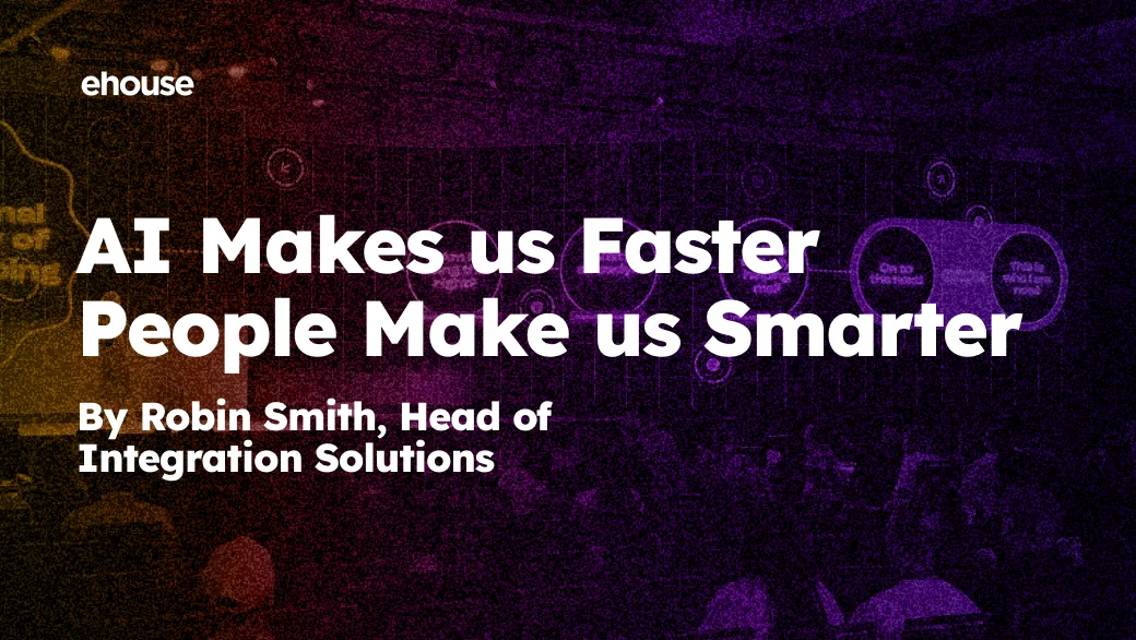 Title card reading "AI Makes us Faster, People Make us Smarter" by Robin Smith over a dark purple conference photo.