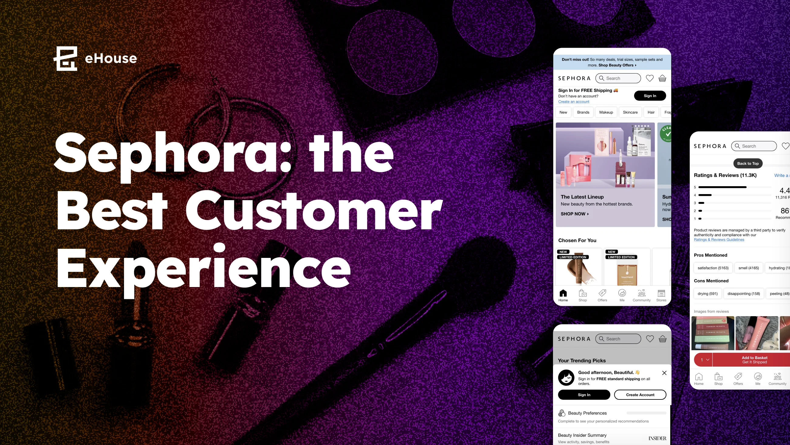 Title card reading "Sephora: the Best Customer Experience" with Sephora app screens over purple-tinted makeup products.