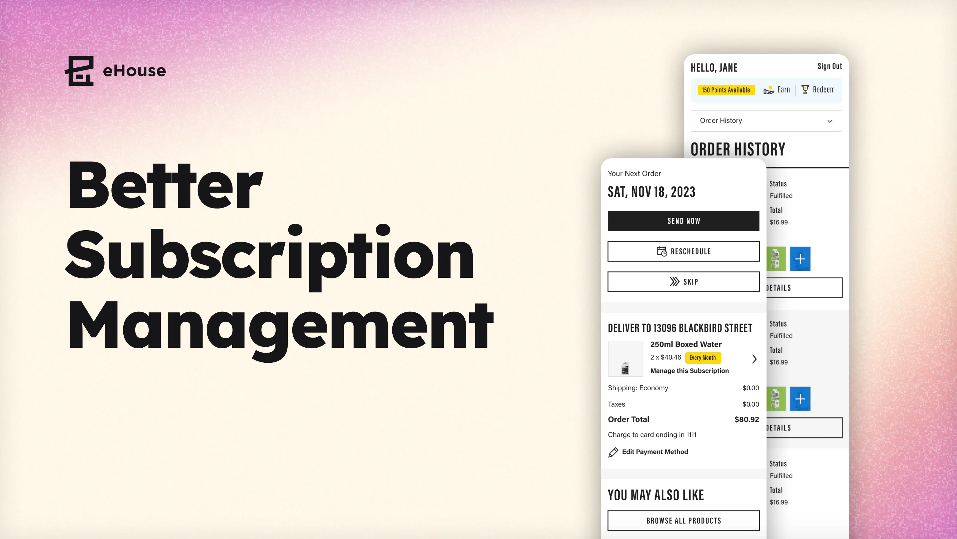 Headline "Better Subscription Management" beside mobile screens showing order history and subscription controls.